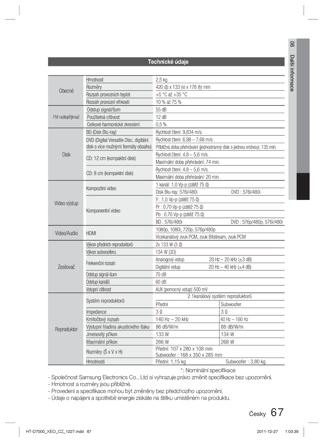 Samsung HT-D7000/EN manual Technické údaje 