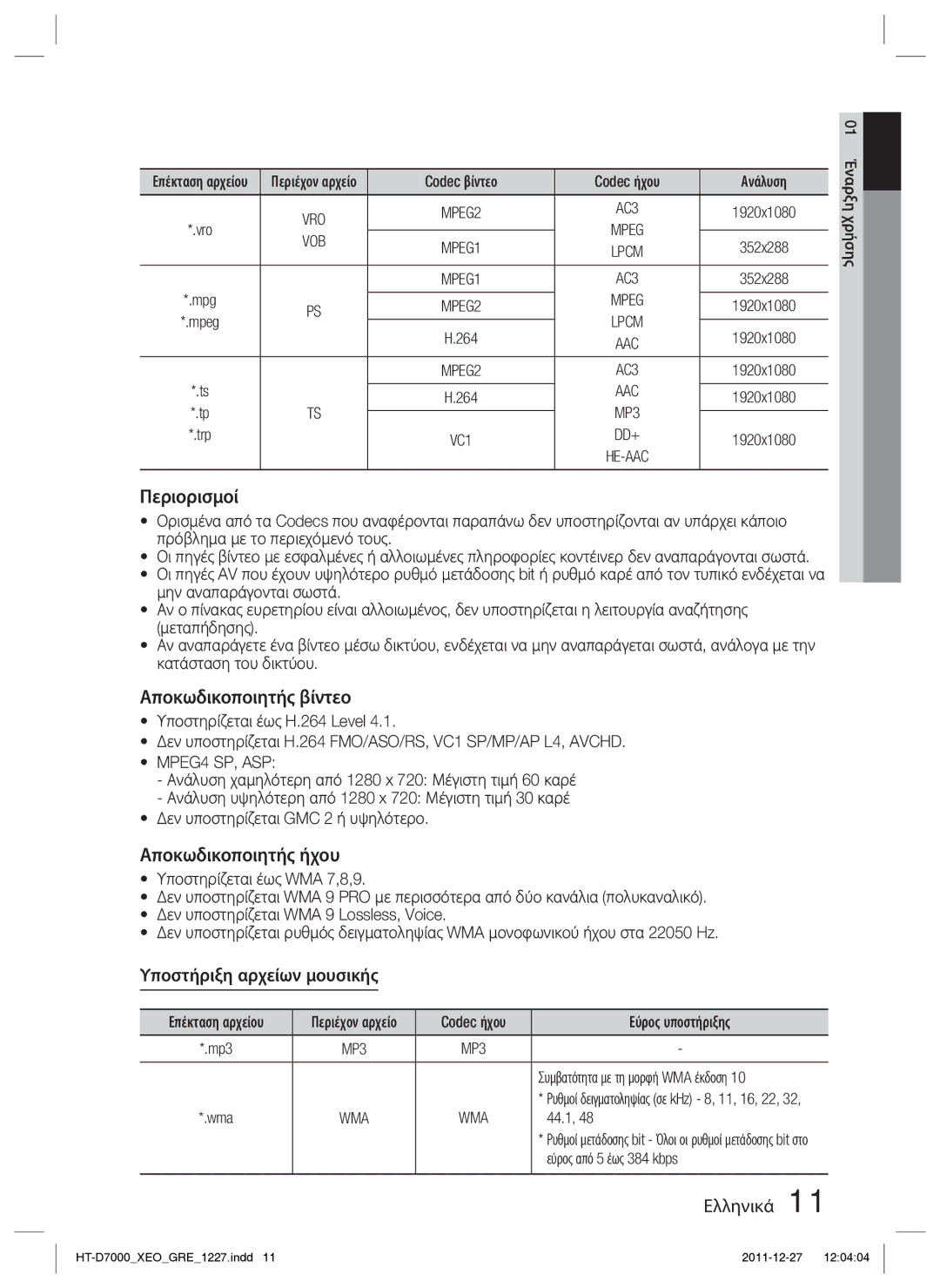 Samsung HT-D7000/EN manual Υποστήριξη αρχείων μουσικής, Vob, MPEG4 SP, ASP 