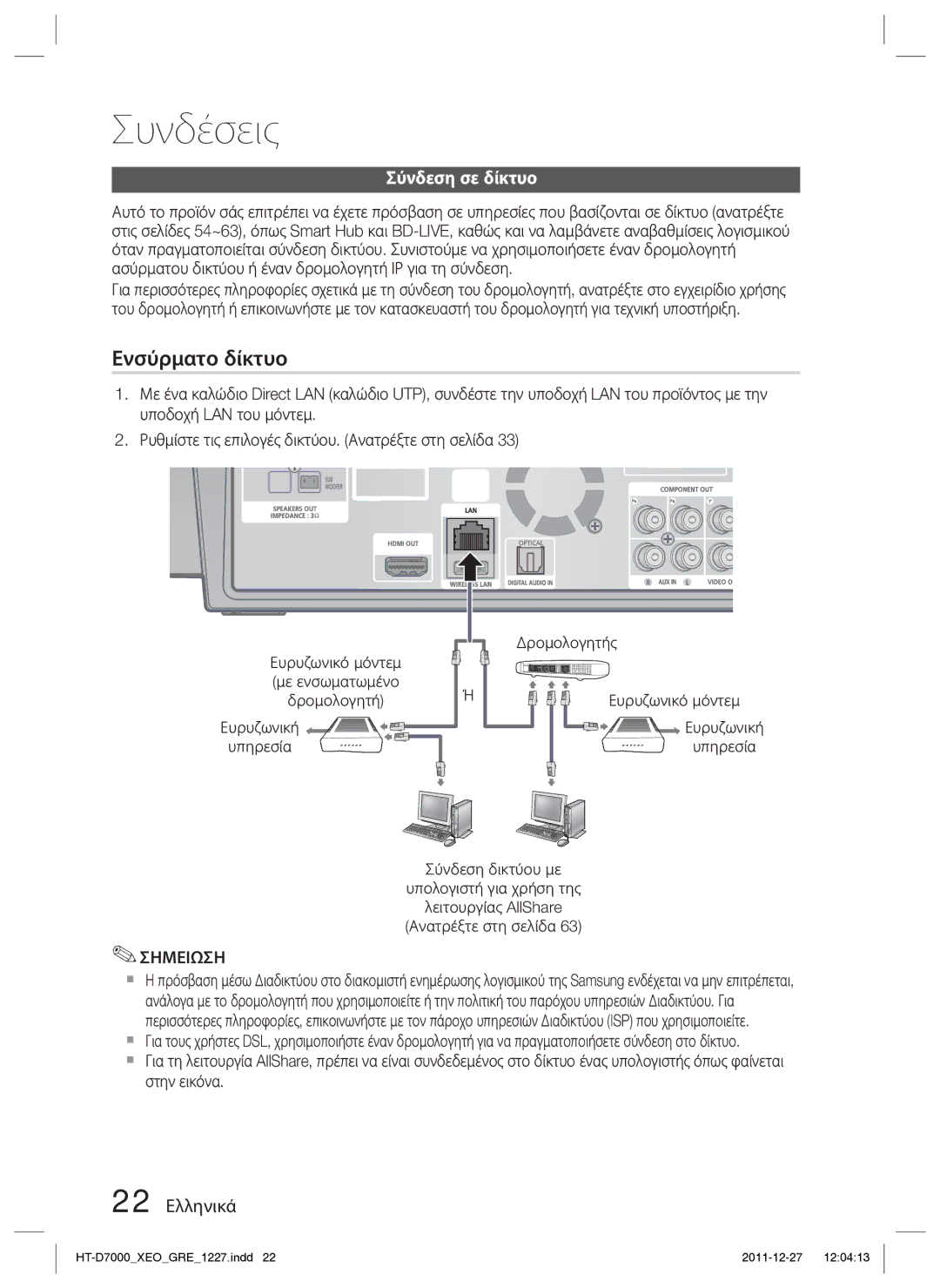 Samsung HT-D7000/EN manual Σύνδεση σε δίκτυο, 22 Ελληνικά, Δρομολογητής, Ευρυζωνικό μόντεμ, Με ενσωματωμένο Δρομολογητή 