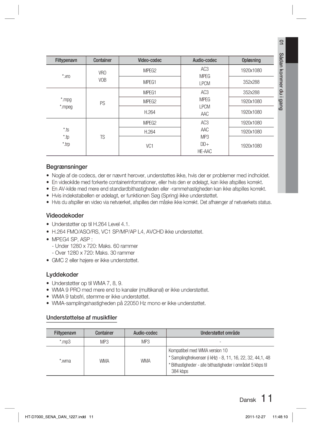 Samsung HT-D7000/XE manual Understøttelse af musikﬁler, Vob, MPEG4 SP, ASP 