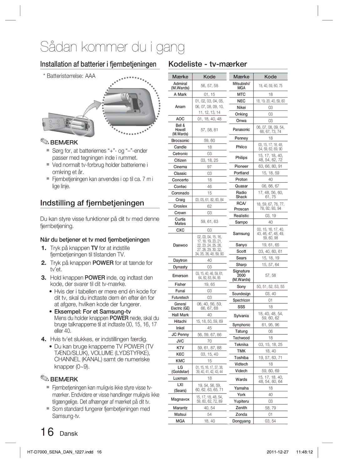 Samsung HT-D7000/XE manual Kodeliste tv-mærker, Indstilling af fjernbetjeningen, Batteristørrelse AAA 