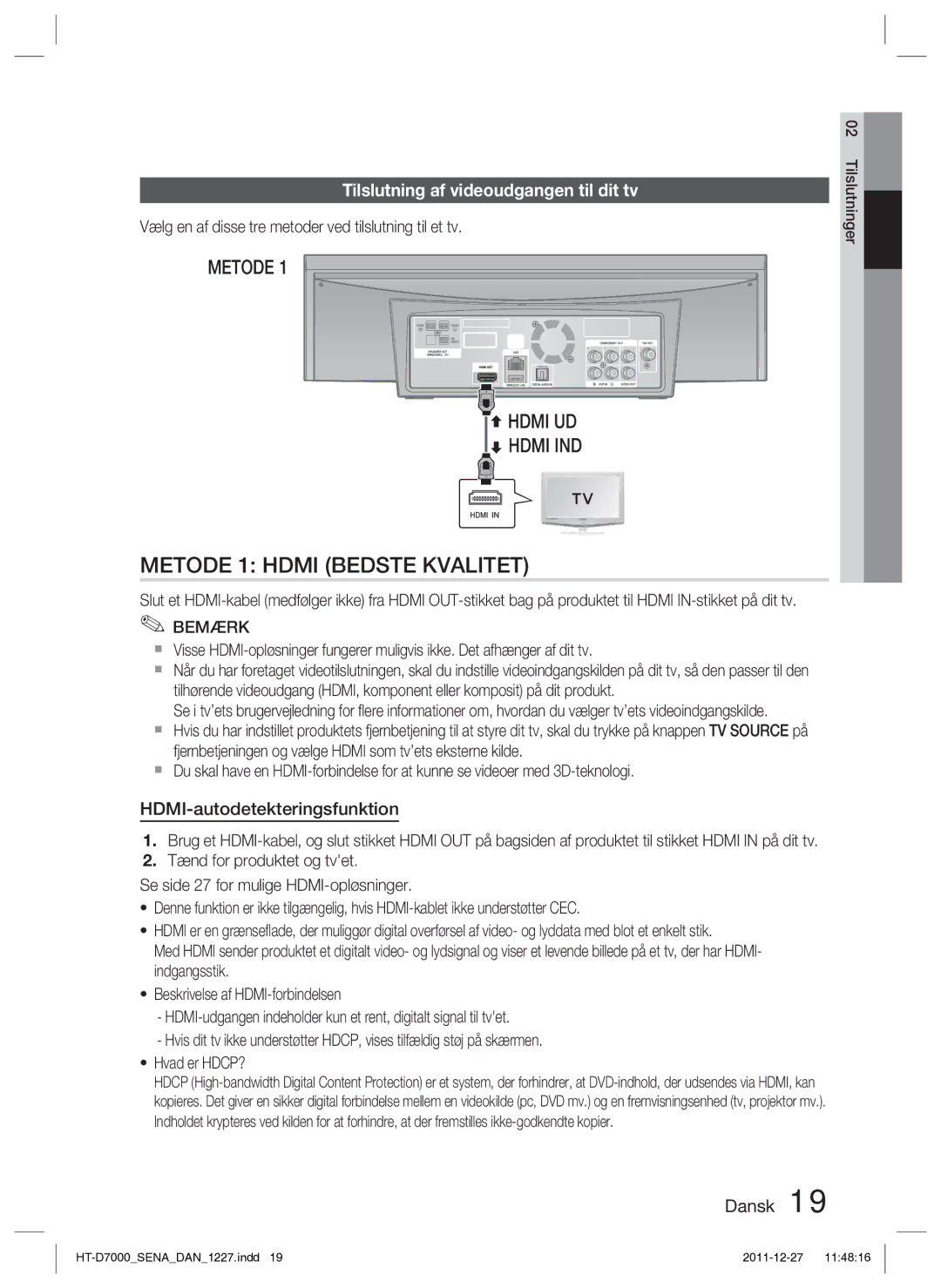 Samsung HT-D7000/XE manual Tilslutning af videoudgangen til dit tv, HDMI-autodetekteringsfunktion 