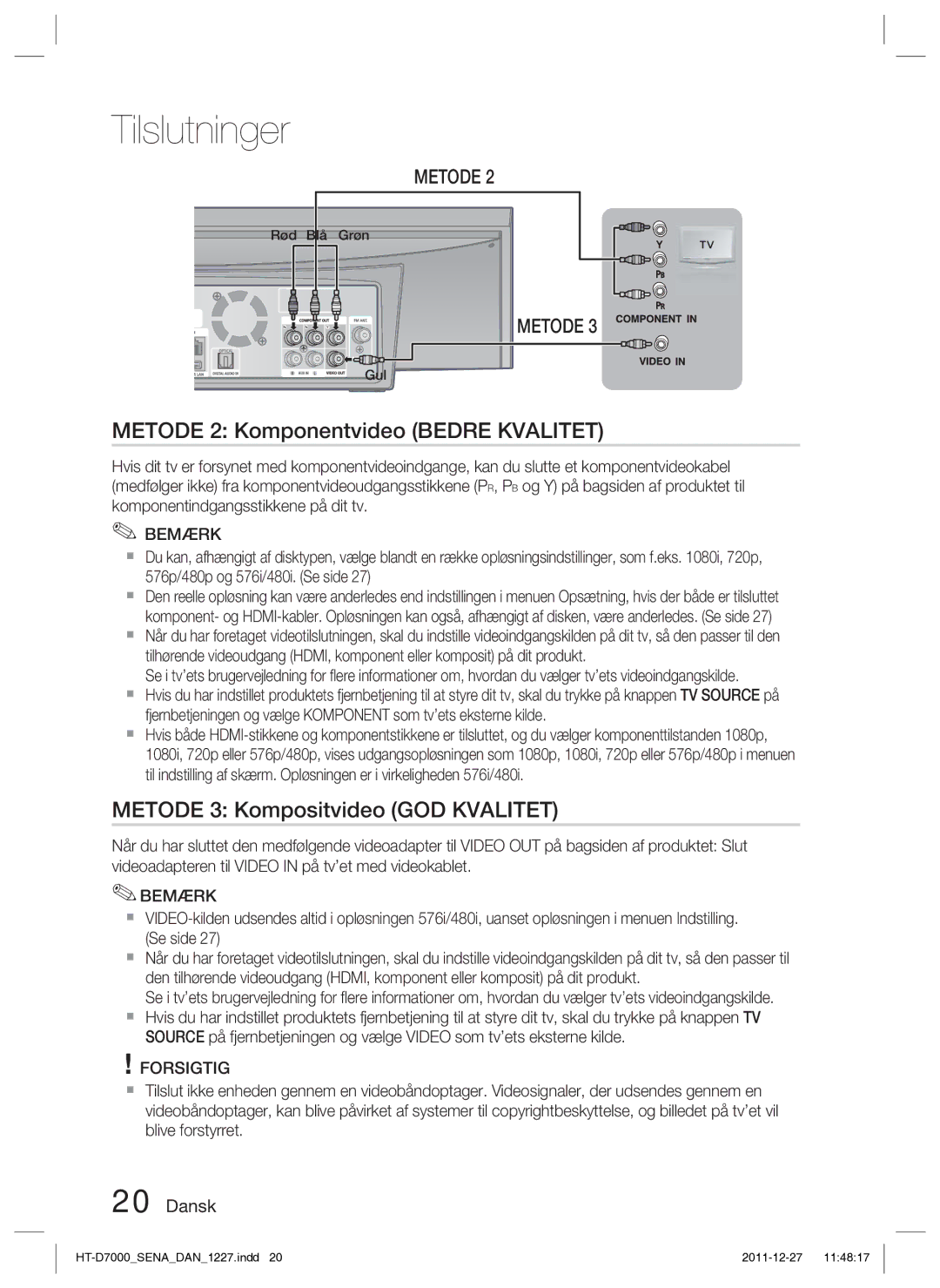 Samsung HT-D7000/XE manual Metode 2 Komponentvideo Bedre Kvalitet, Metode 3 Kompositvideo GOD Kvalitet 