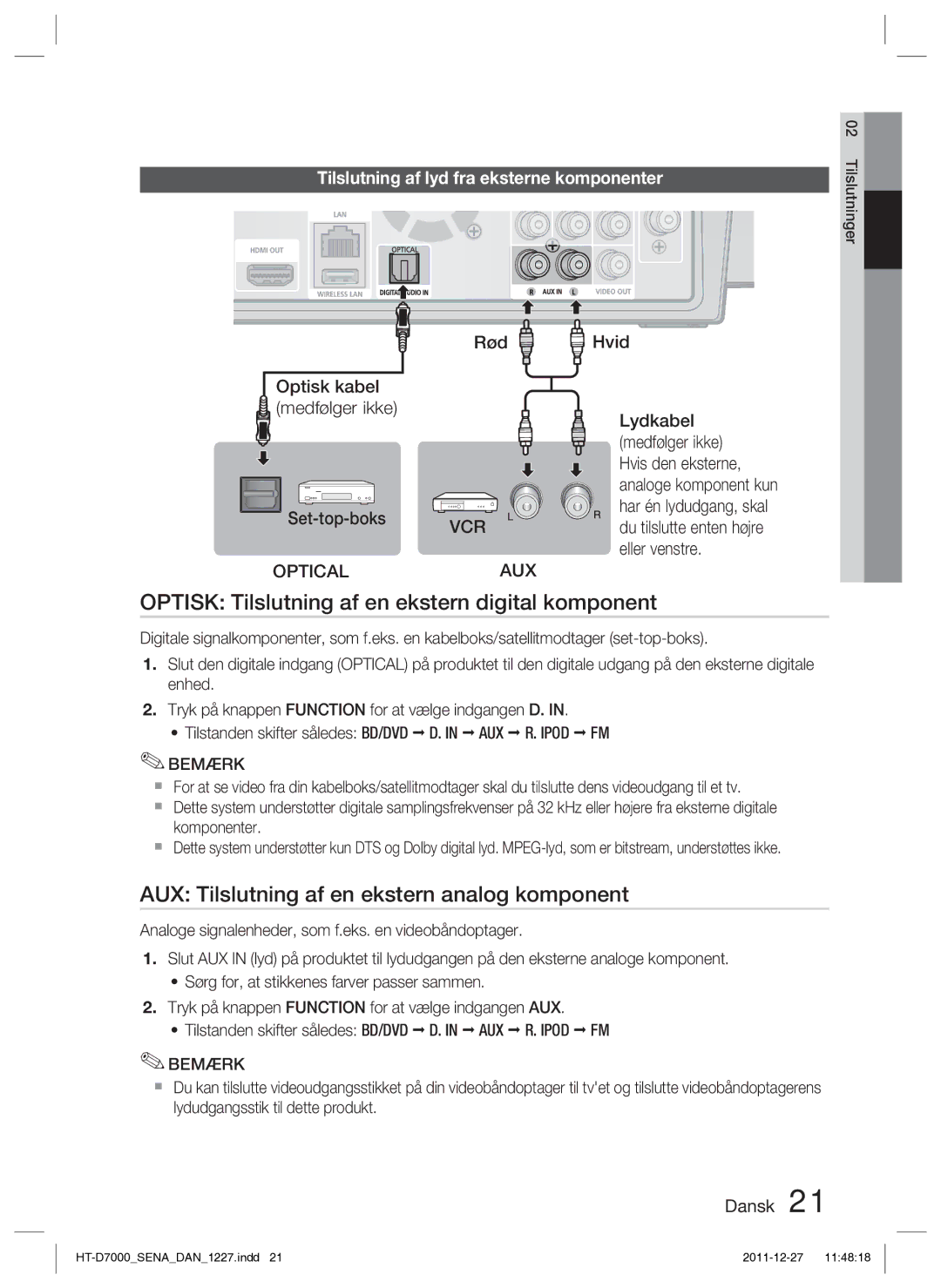 Samsung HT-D7000/XE Optisk Tilslutning af en ekstern digital komponent, AUX Tilslutning af en ekstern analog komponent 