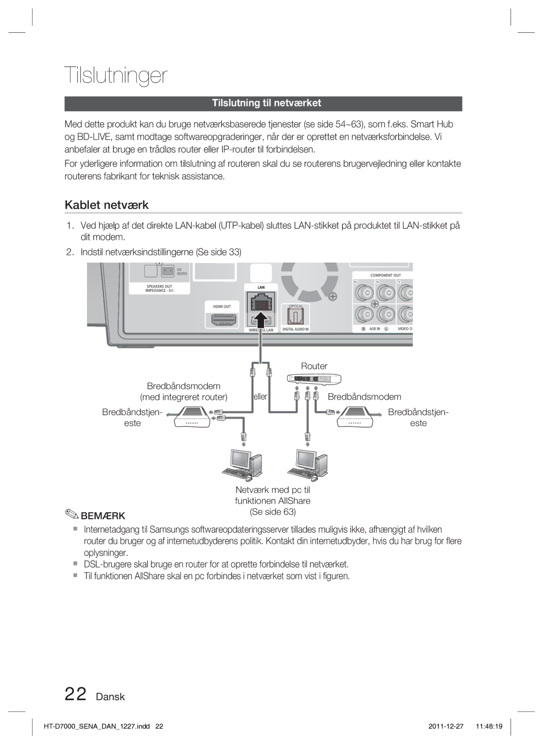 Samsung HT-D7000/XE manual Tilslutning til netværket, Router Bredbåndsmodem Bredbåndstjen Este 