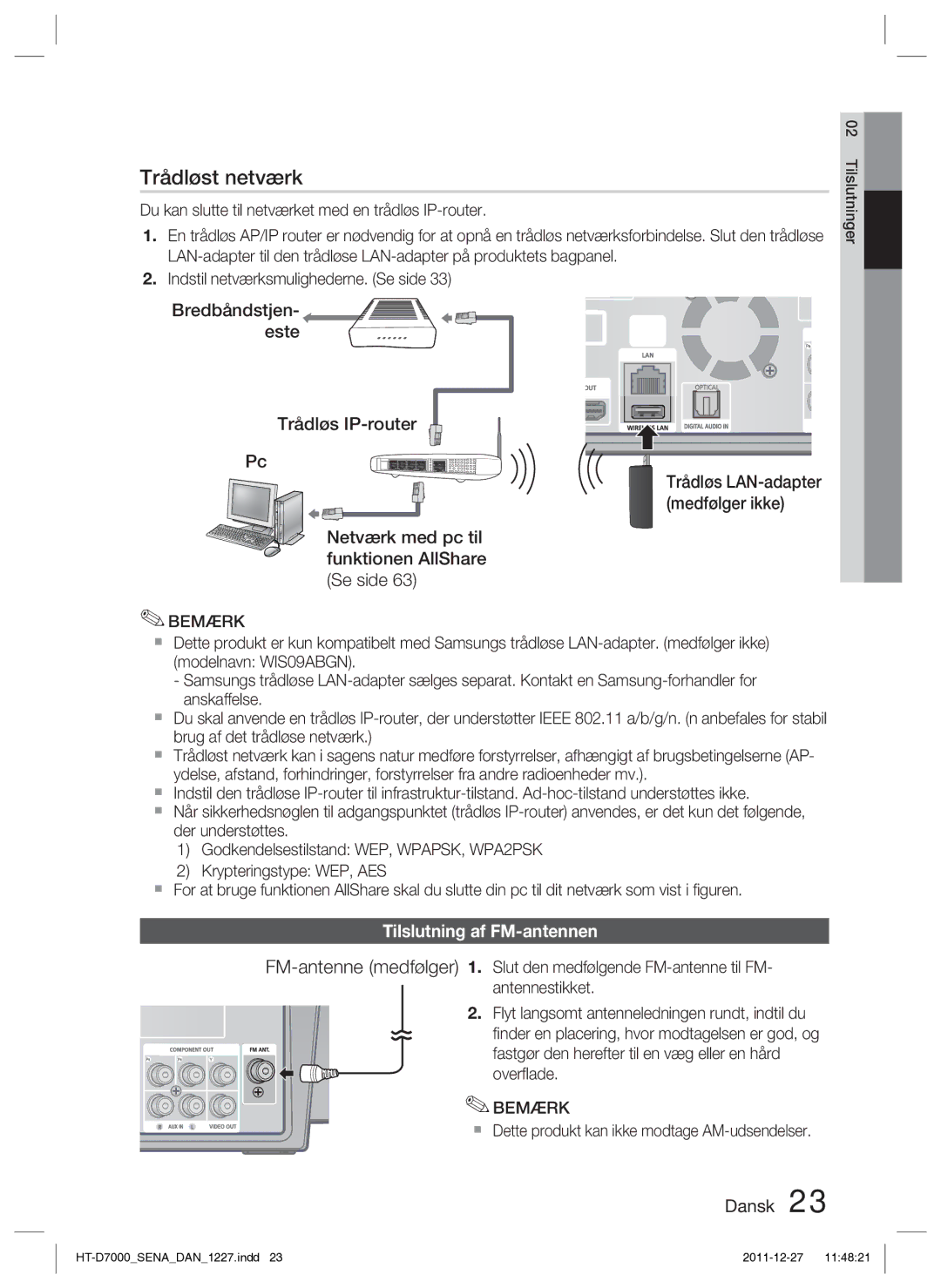 Samsung HT-D7000/XE manual Bredbåndstjen- este Trådløs IP-router, Netværk med pc til funktionen AllShare Se side 