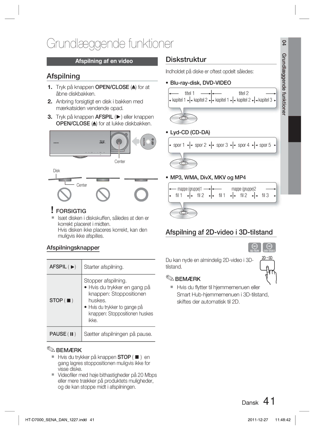 Samsung HT-D7000/XE manual Grundlæggende funktioner, Diskstruktur, Afspilning af 2D-video i 3D-tilstand 