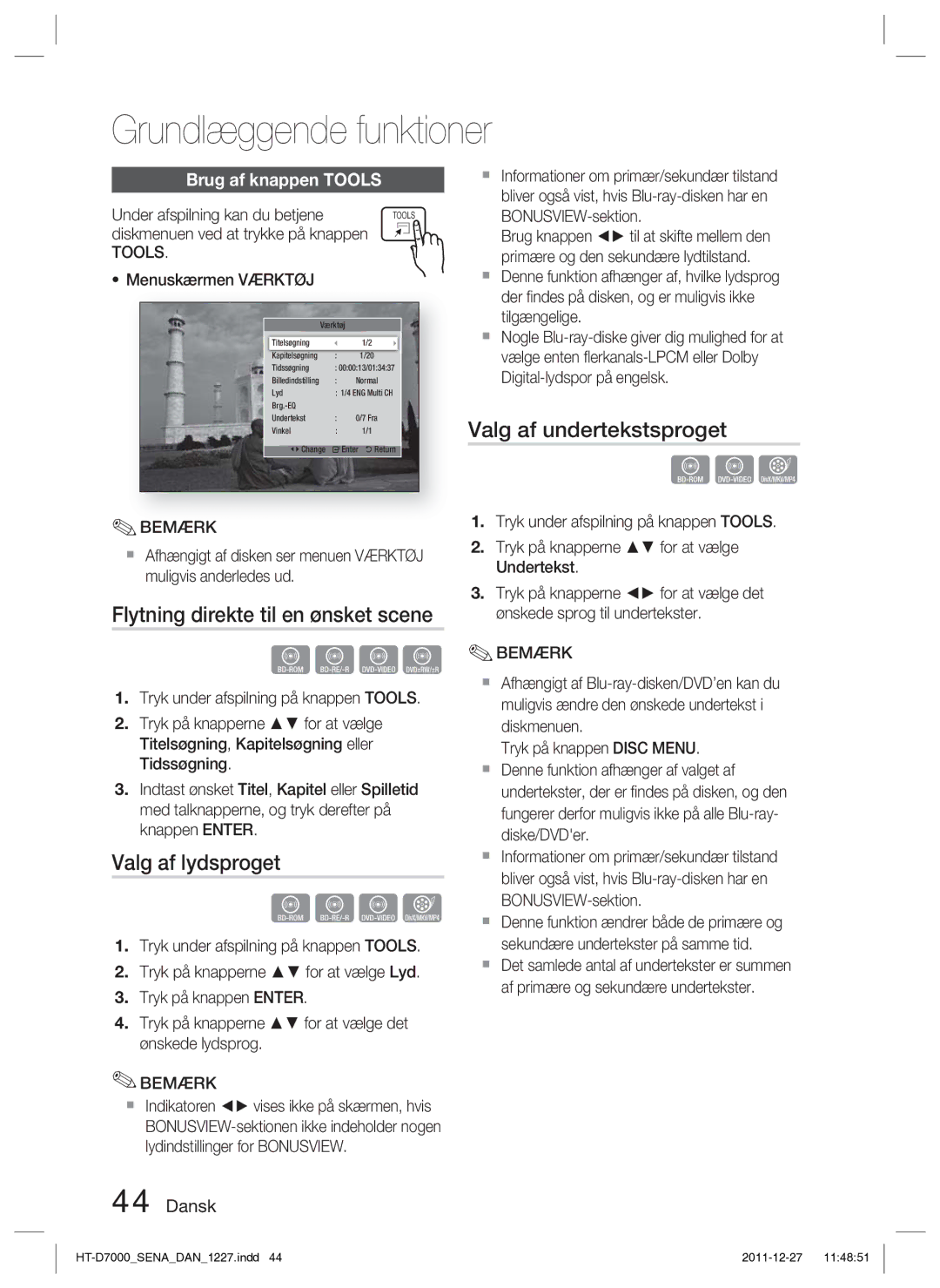 Samsung HT-D7000/XE manual Flytning direkte til en ønsket scene, Valg af lydsproget, Valg af undertekstsproget, Tools 