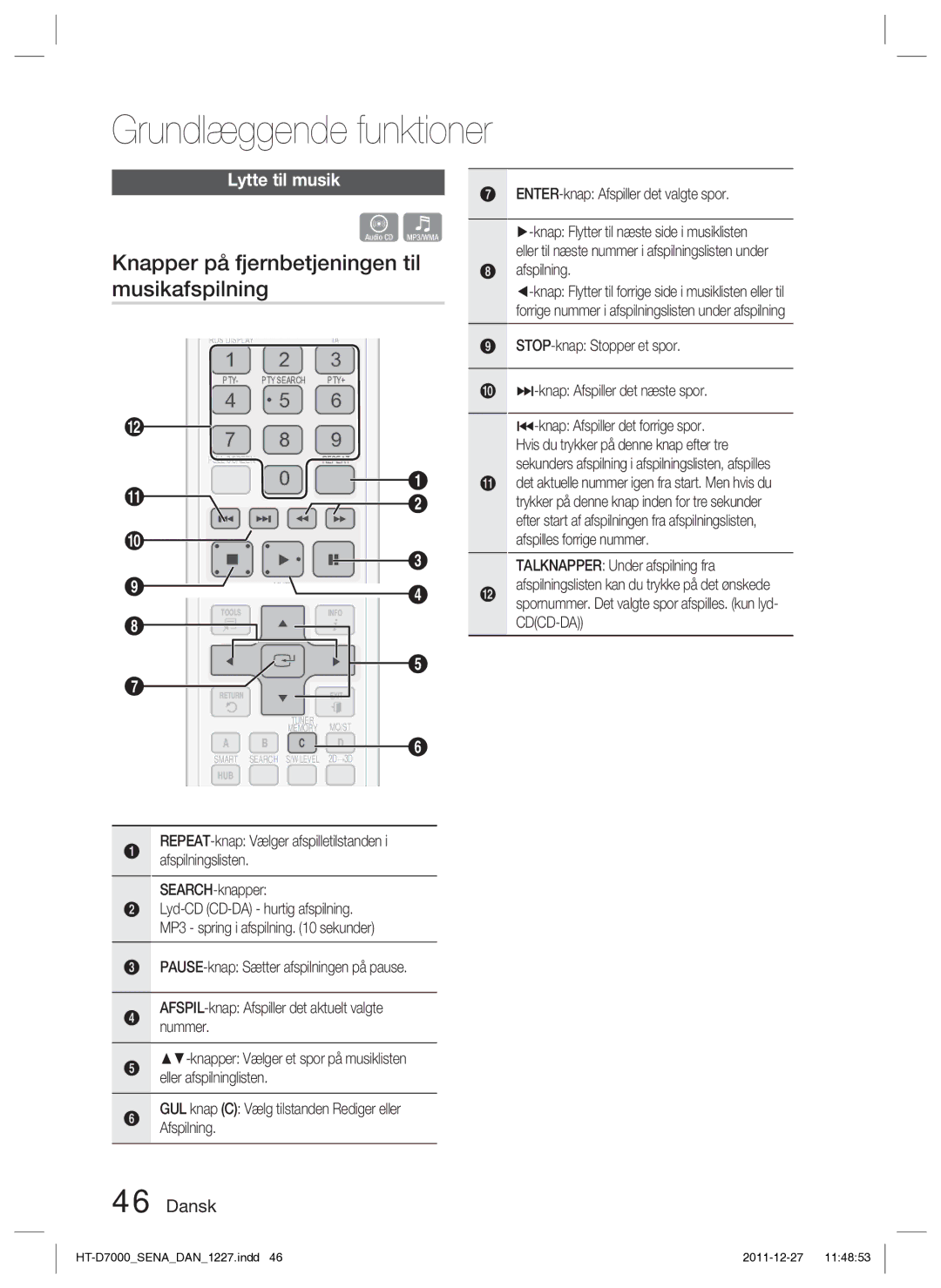 Samsung HT-D7000/XE manual Knapper på fjernbetjeningen til musikafspilning, Lytte til musik, SEARCH-knapper, Afspilning 