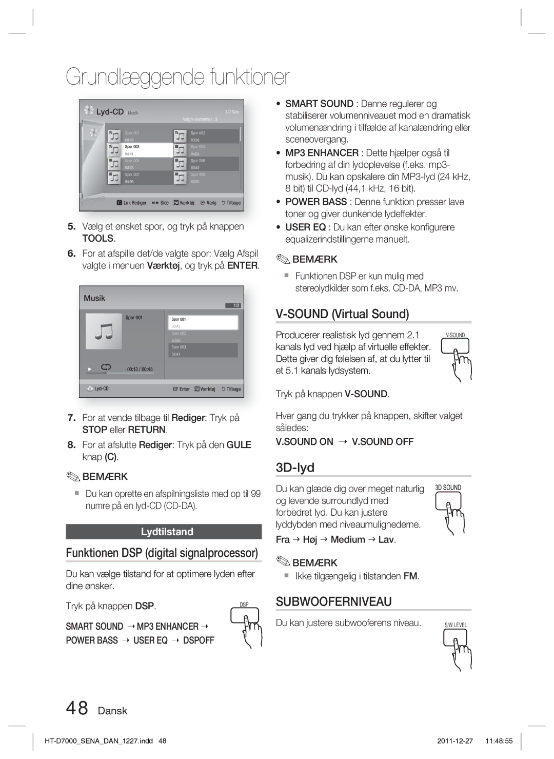 Samsung HT-D7000/XE manual Sound Virtual Sound, 3D-lyd, Lydtilstand, Sound on V.SOUND OFF Bemærk 