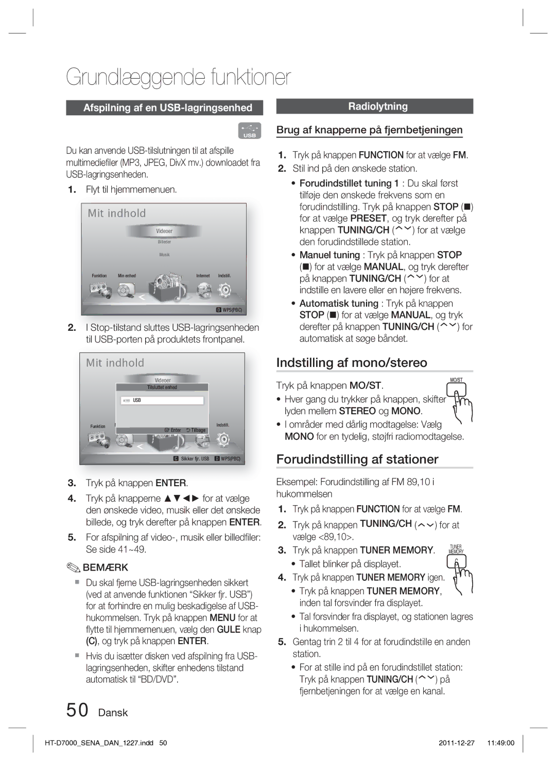 Samsung HT-D7000/XE manual Indstilling af mono/stereo, Forudindstilling af stationer, Afspilning af en USB-lagringsenhed 