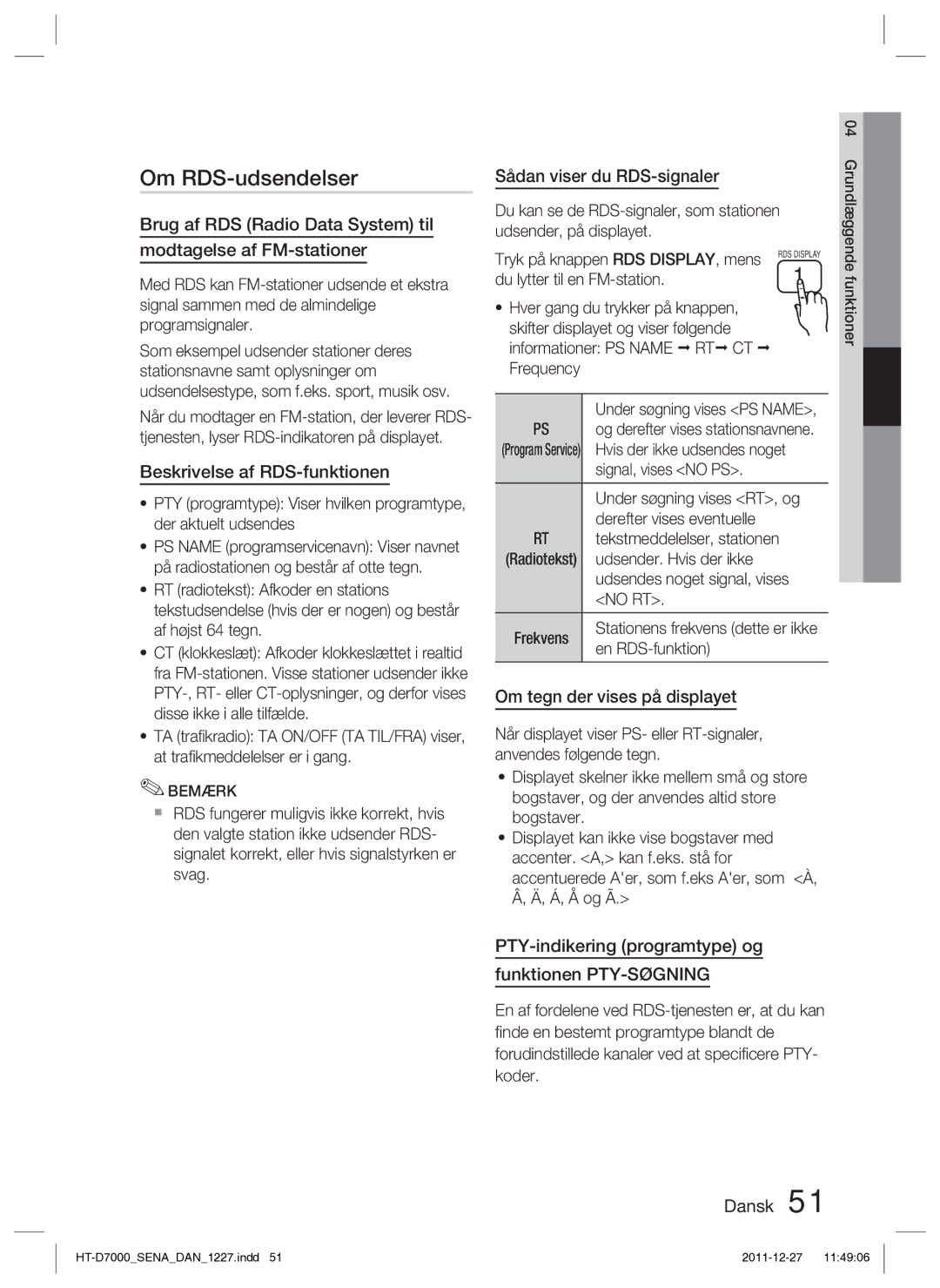 Samsung HT-D7000/XE manual Om RDS-udsendelser, Beskrivelse af RDS-funktionen, Sådan viser du RDS-signaler 