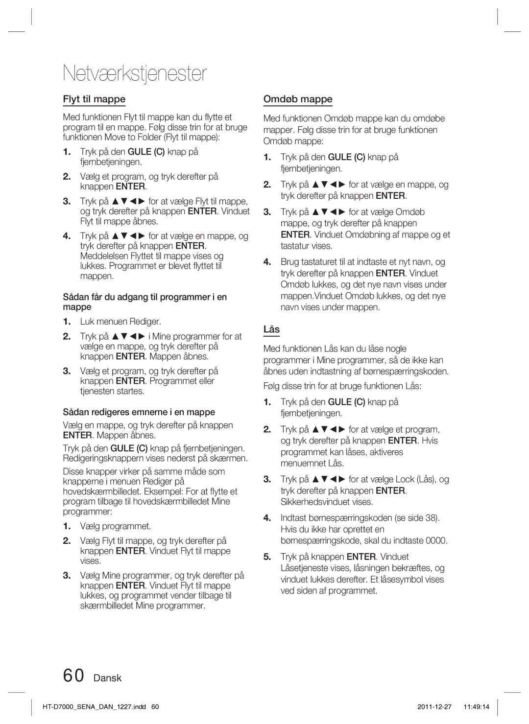 Samsung HT-D7000/XE manual Flyt til mappe, Omdøb mappe, Lås 