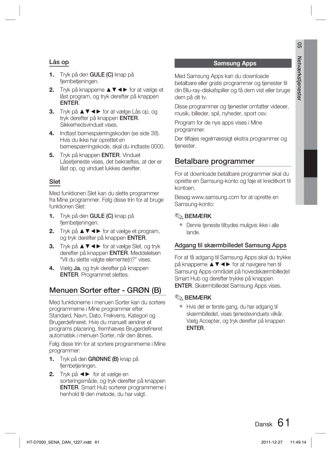 Samsung HT-D7000/XE manual Menuen Sorter efter Grøn B, Betalbare programmer, Samsung Apps 