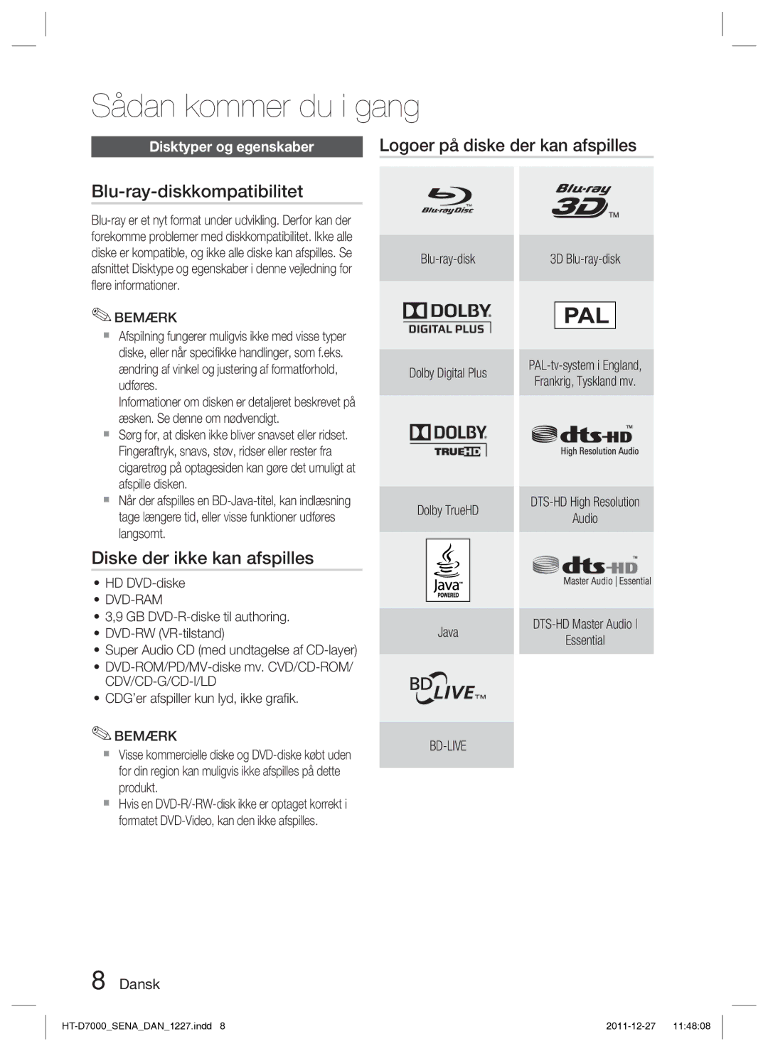 Samsung HT-D7000/XE manual Blu-ray-diskkompatibilitet, Diske der ikke kan afspilles, Logoer på diske der kan afspilles 