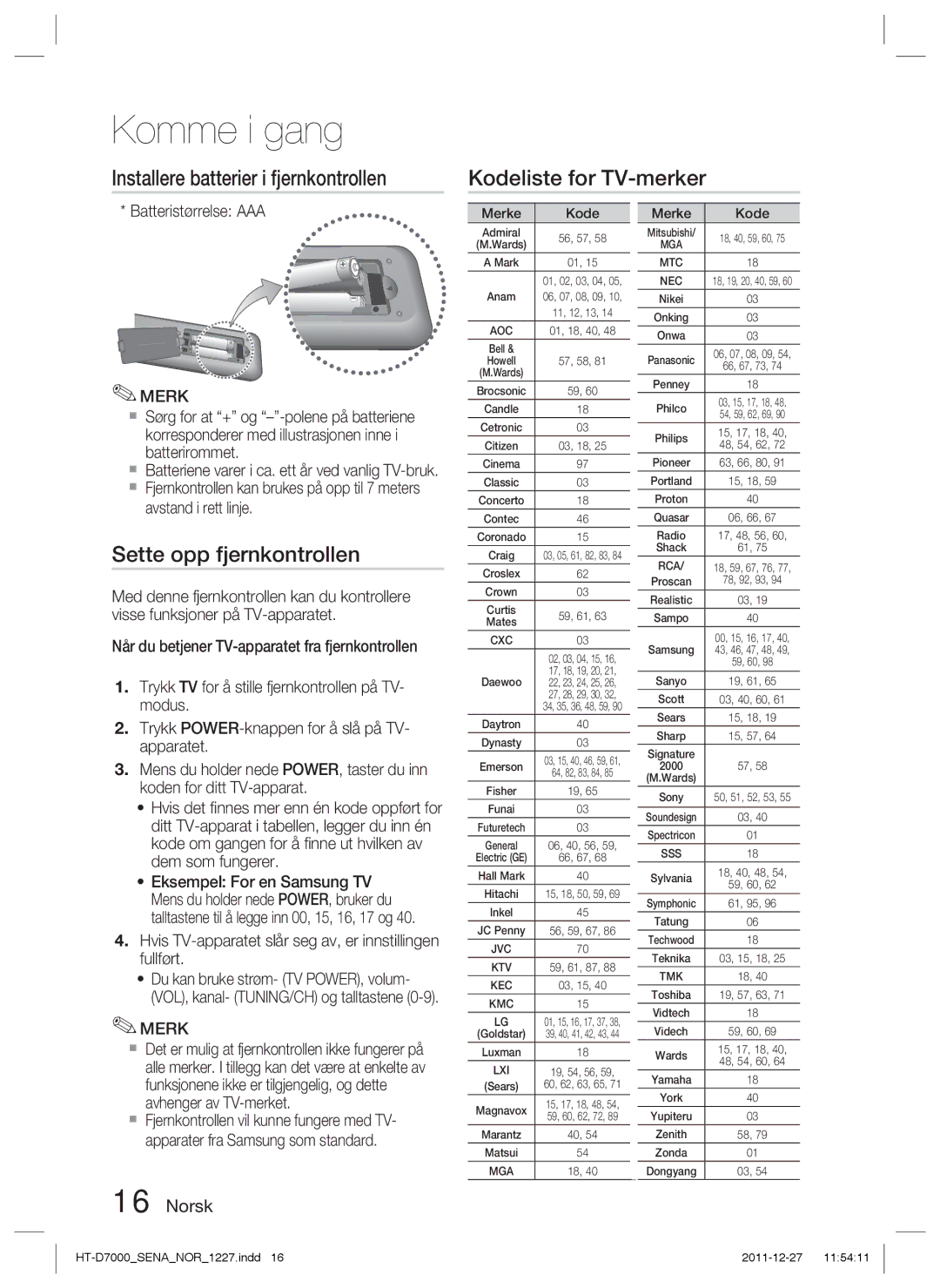 Samsung HT-D7000/XE manual Sette opp fjernkontrollen, Batteristørrelse AAA 