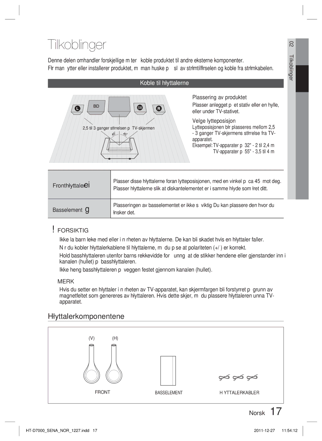 Samsung HT-D7000/XE manual Tilkoblinger, Høyttalerkomponentene, Koble til høyttalerne, Fronthøyttaler ei Basselement g 