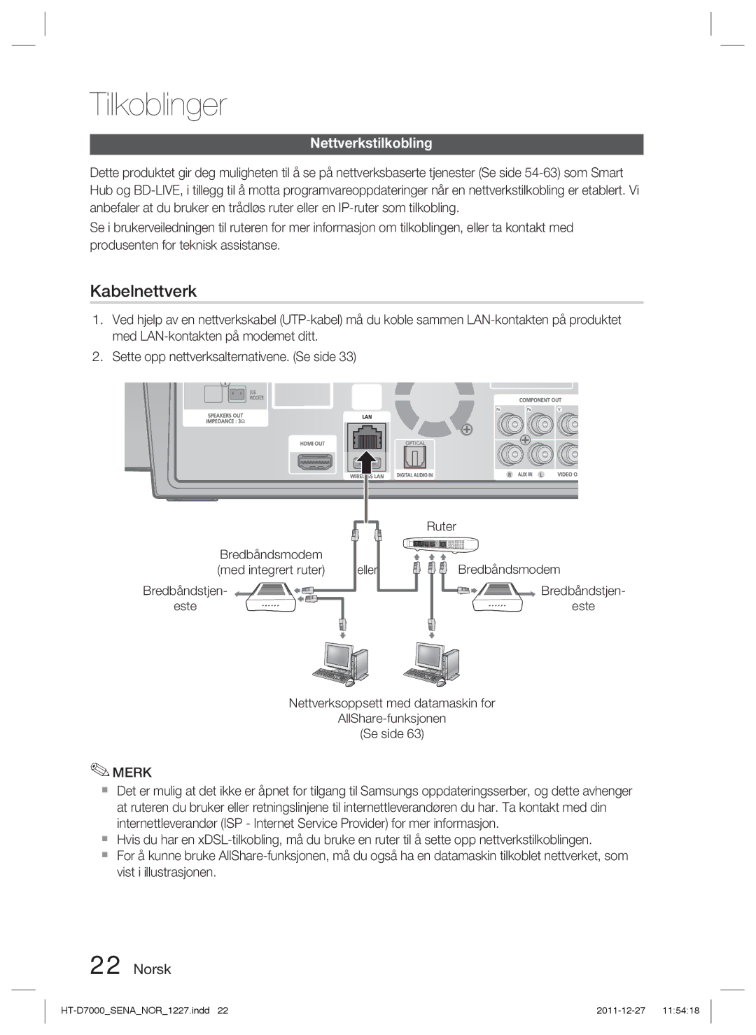 Samsung HT-D7000/XE manual Kabelnettverk, Nettverkstilkobling 