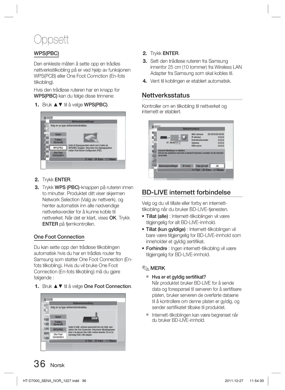 Samsung HT-D7000/XE manual Nettverksstatus, BD-LIVE internett forbindelse, One Foot Connection 