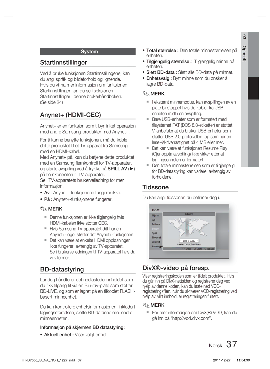 Samsung HT-D7000/XE manual Startinnstillinger, Anynet+ HDMI-CEC, BD-datastyring, Tidssone, DivX-video på foresp 