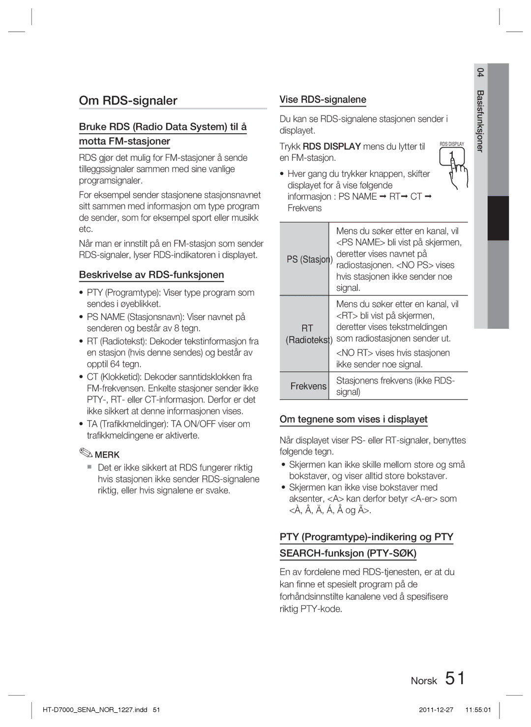 Samsung HT-D7000/XE manual Om RDS-signaler 