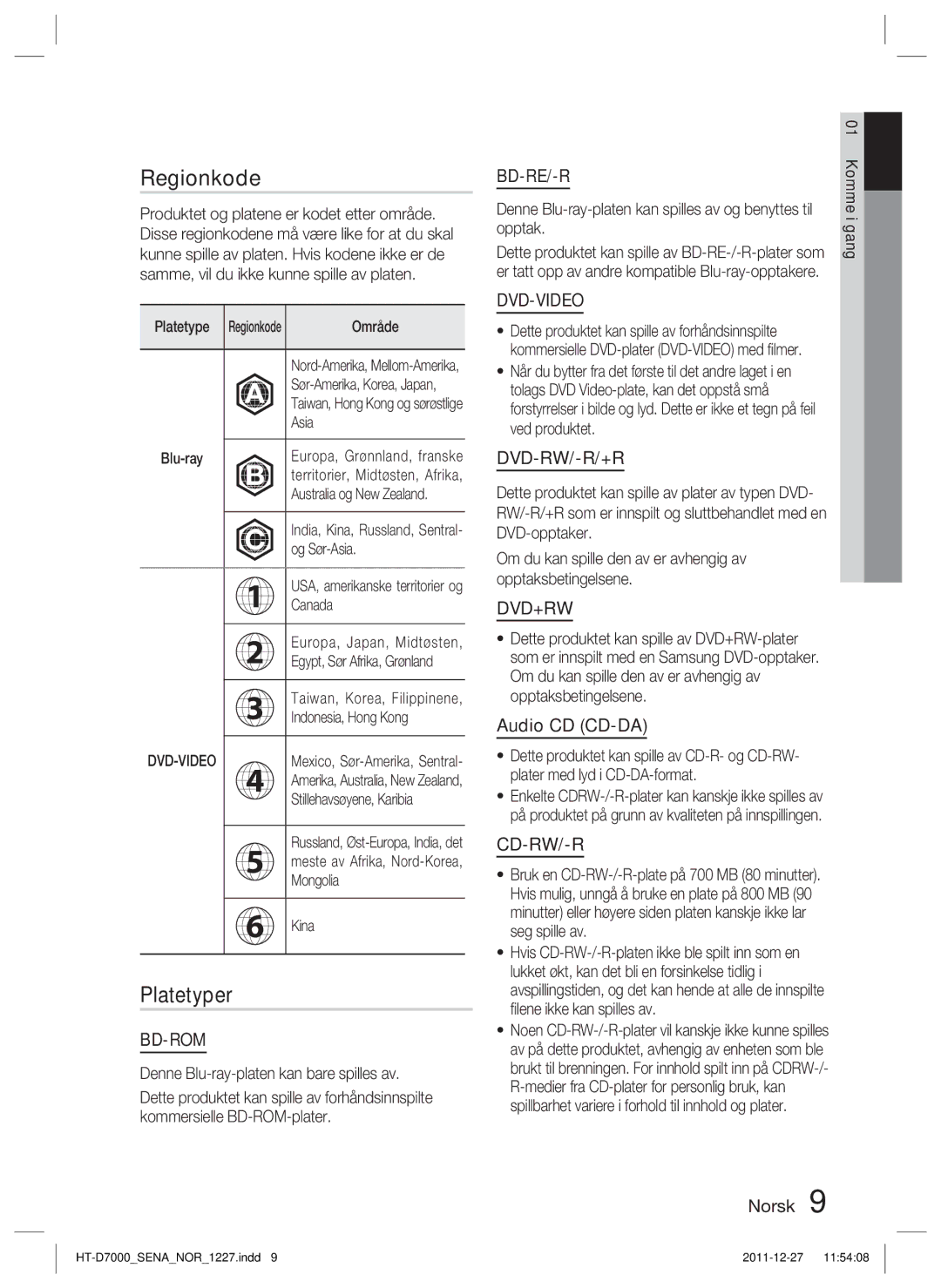 Samsung HT-D7000/XE manual Regionkode, Platetyper, Audio CD CD-DA 