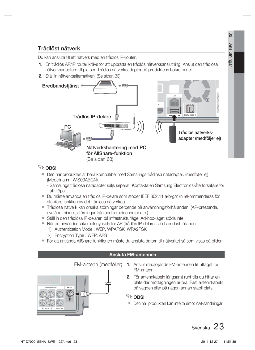 Samsung HT-D7000/XE manual Bredbandstjänst Trådlös IP-delare, Nätverkshantering med PC för AllShare-funktion Se sidan, Obs 