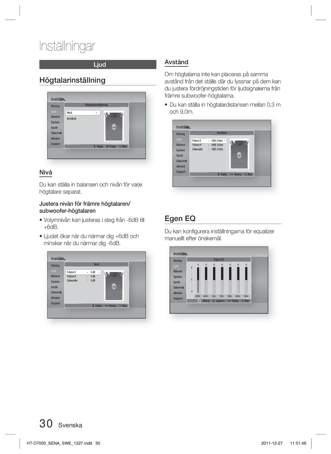 Samsung HT-D7000/XE manual Högtalarinställning, Egen EQ, Nivå, Svenska Avstånd 