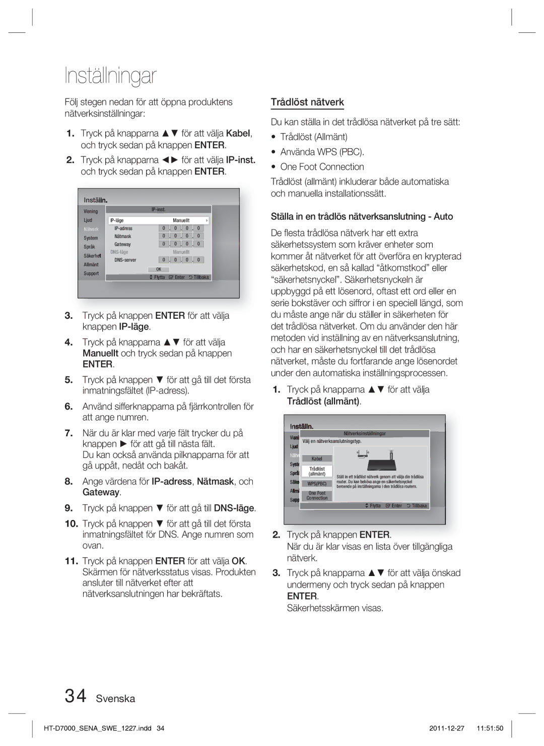 Samsung HT-D7000/XE manual Trådlöst nätverk, Ställa in en trådlös nätverksanslutning Auto 