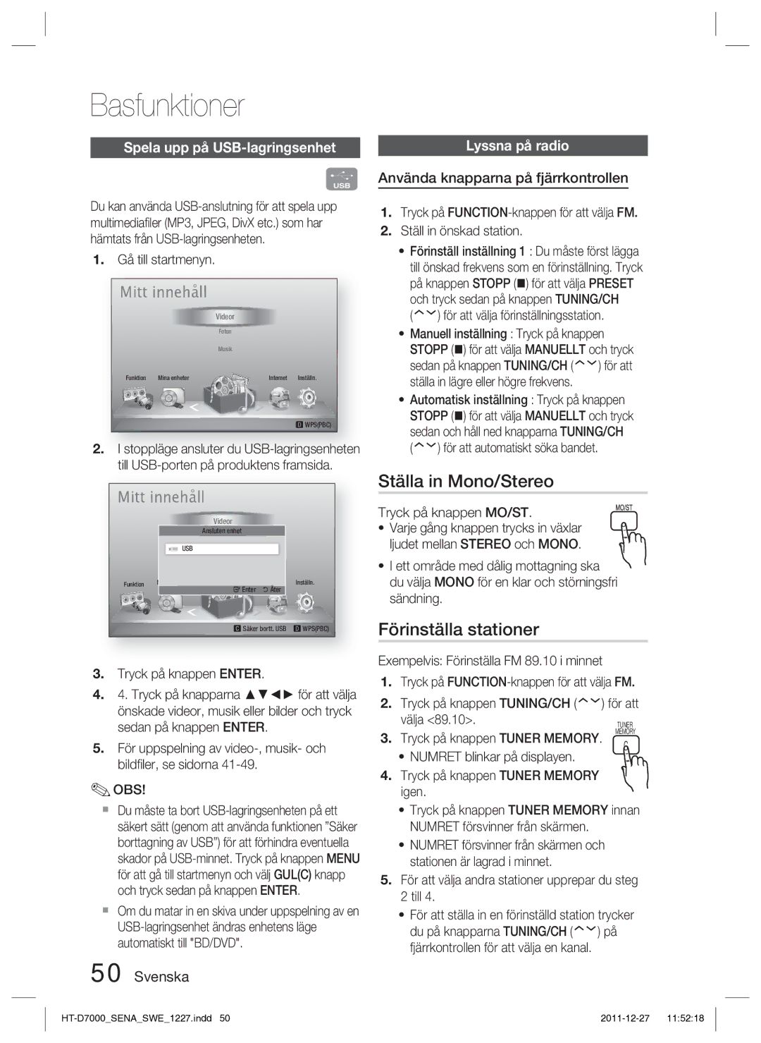 Samsung HT-D7000/XE manual Ställa in Mono/Stereo, Förinställa stationer, Spela upp på USB-lagringsenhet, Lyssna på radio 