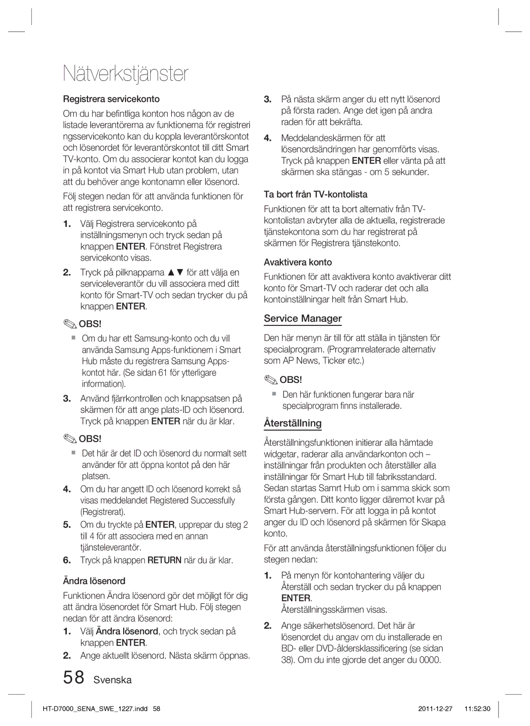 Samsung HT-D7000/XE manual Service Manager, Återställning, Registrera servicekonto, Ta bort från TV-kontolista 