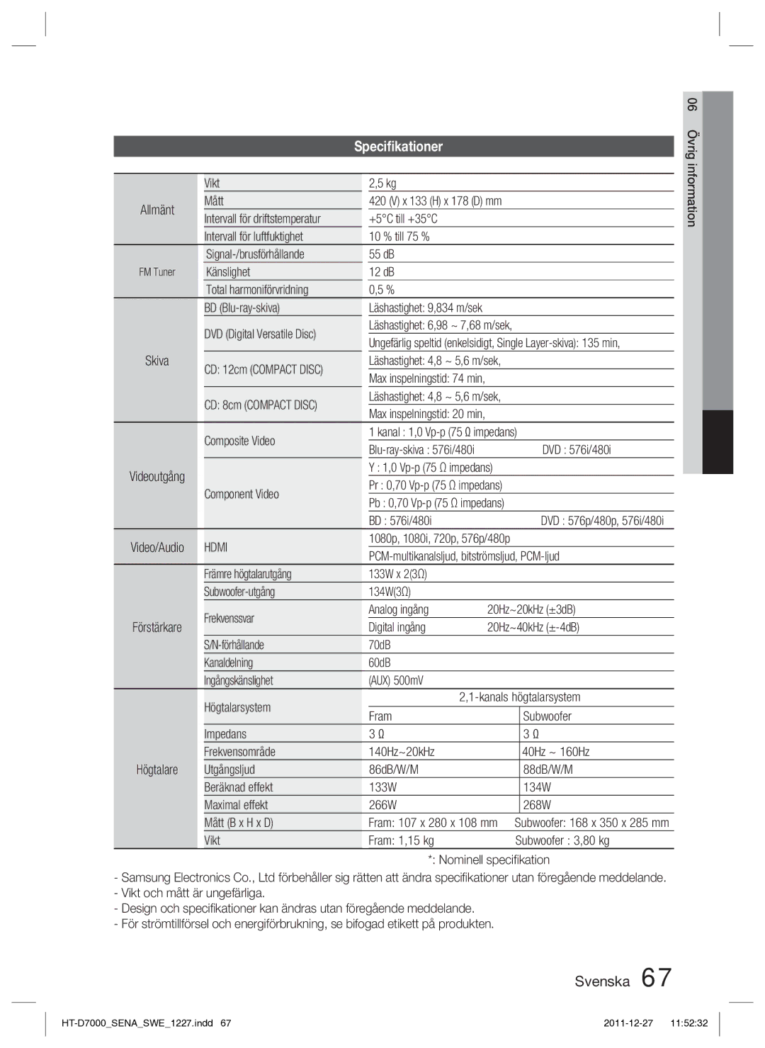 Samsung HT-D7000/XE manual Speciﬁkationer 