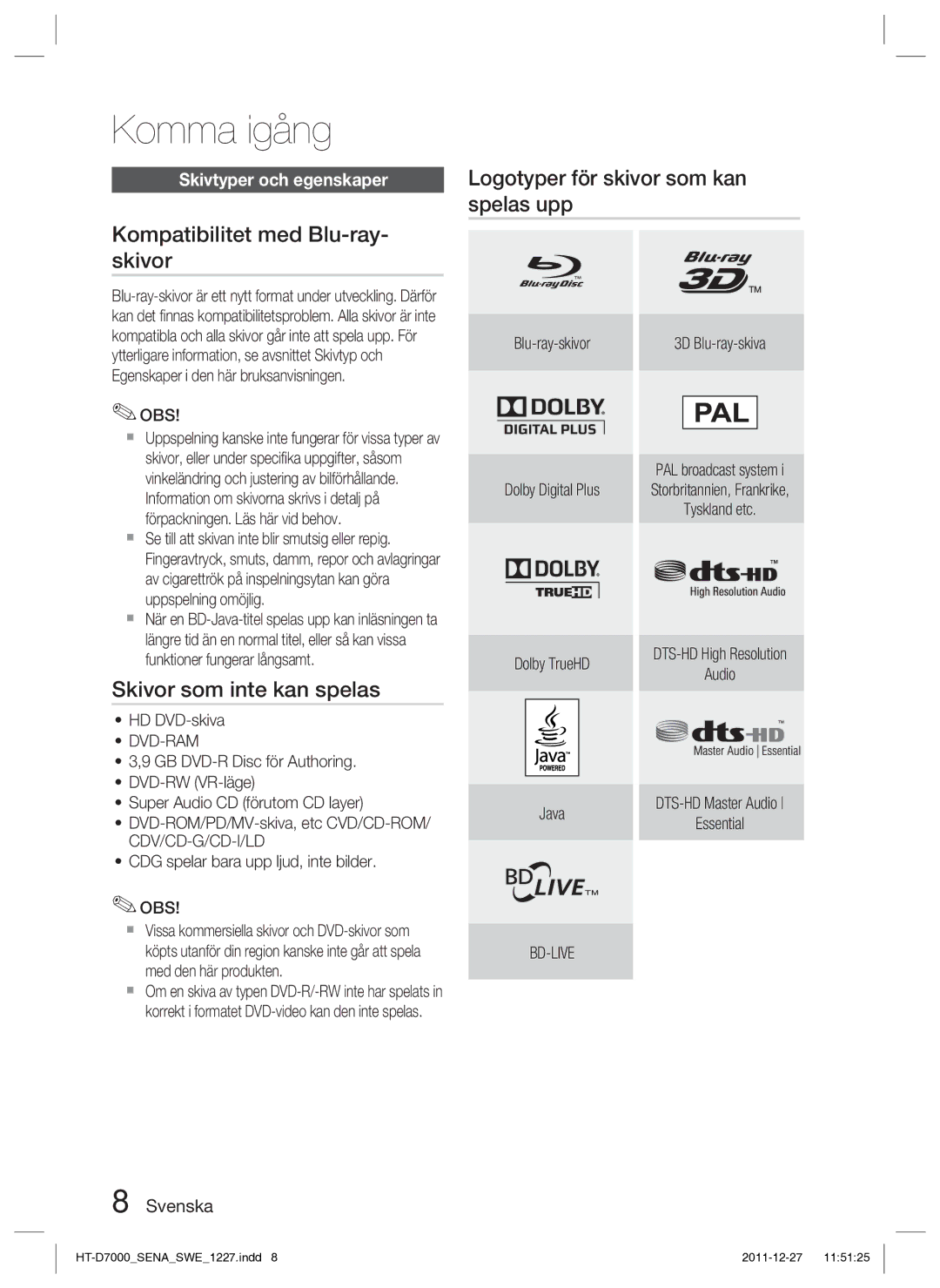 Samsung HT-D7000/XE manual Kompatibilitet med Blu-ray- skivor, Skivor som inte kan spelas, Skivtyper och egenskaper 