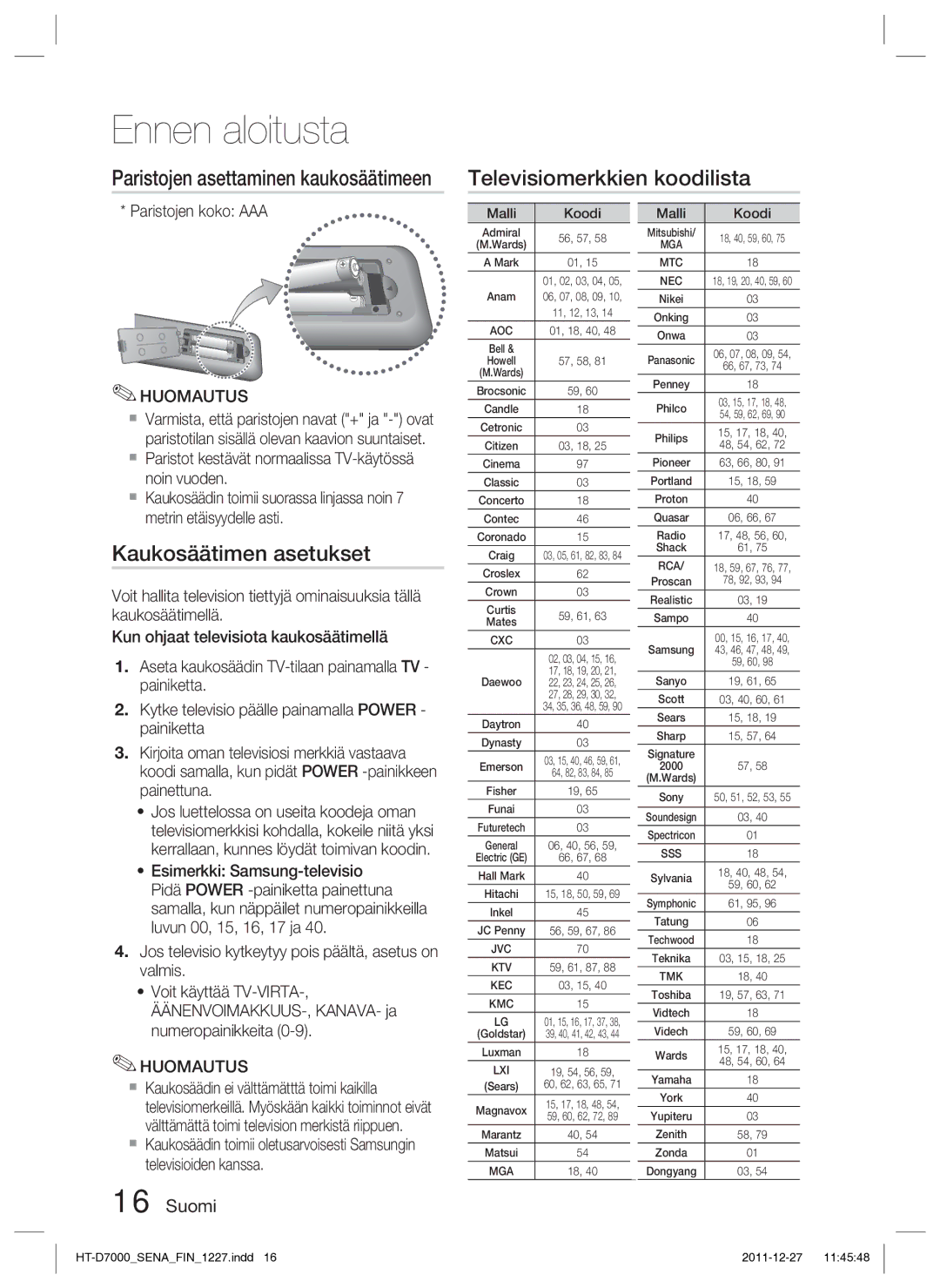 Samsung HT-D7000/XE manual Televisiomerkkien koodilista, Kaukosäätimen asetukset, Paristojen koko AAA 