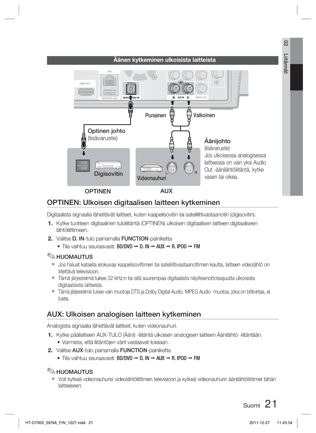 Samsung HT-D7000/XE manual Optinen Ulkoisen digitaalisen laitteen kytkeminen, AUX Ulkoisen analogisen laitteen kytkeminen 