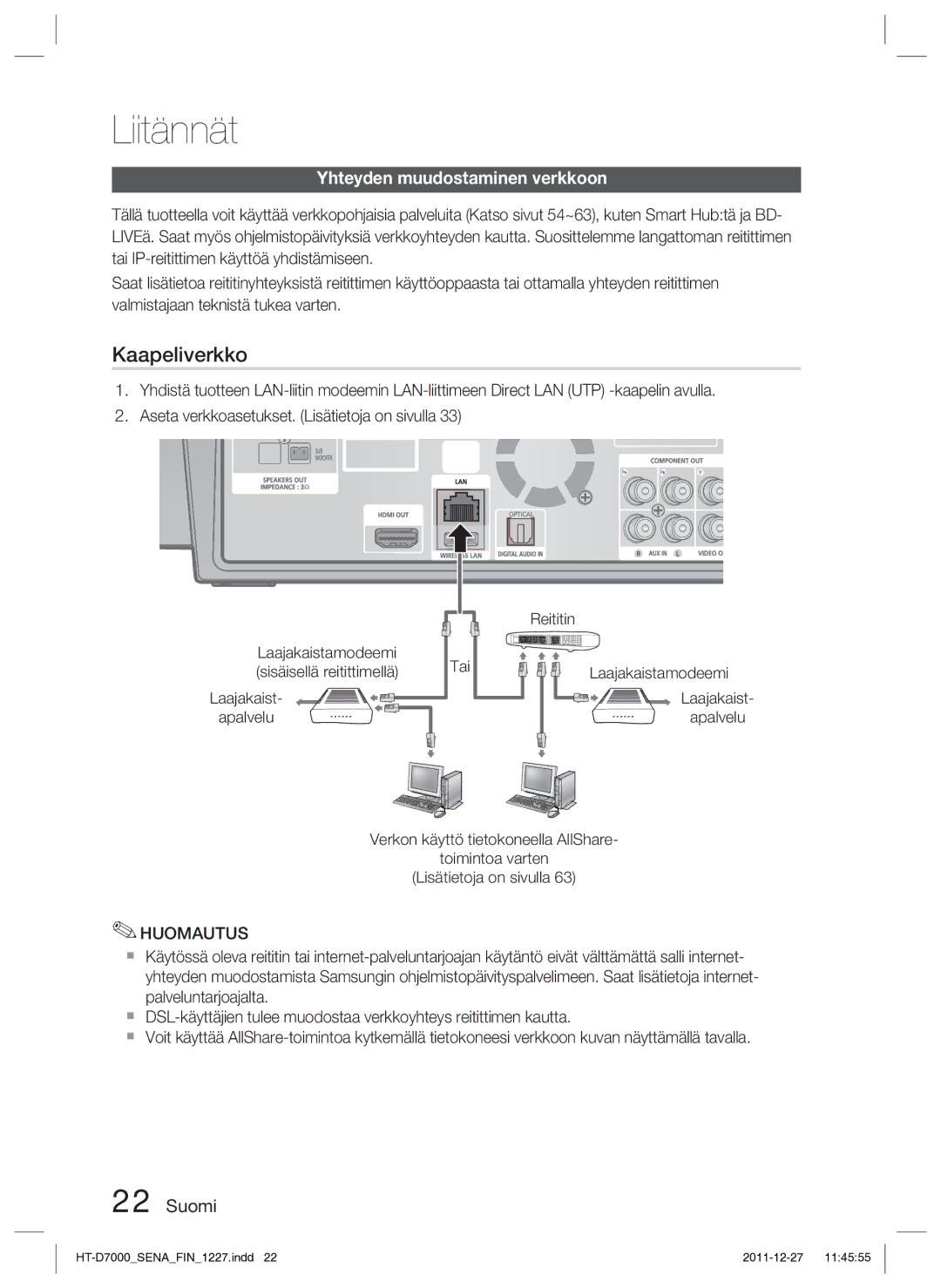 Samsung HT-D7000/XE manual Yhteyden muudostaminen verkkoon, Laajakaist Apalvelu 