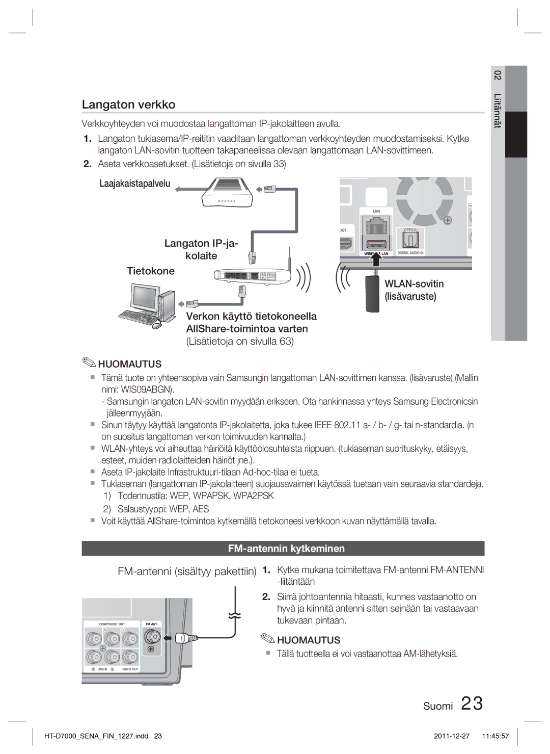 Samsung HT-D7000/XE manual WLAN-sovitin lisävaruste, FM-antennin kytkeminen, Tukevaan pintaan 