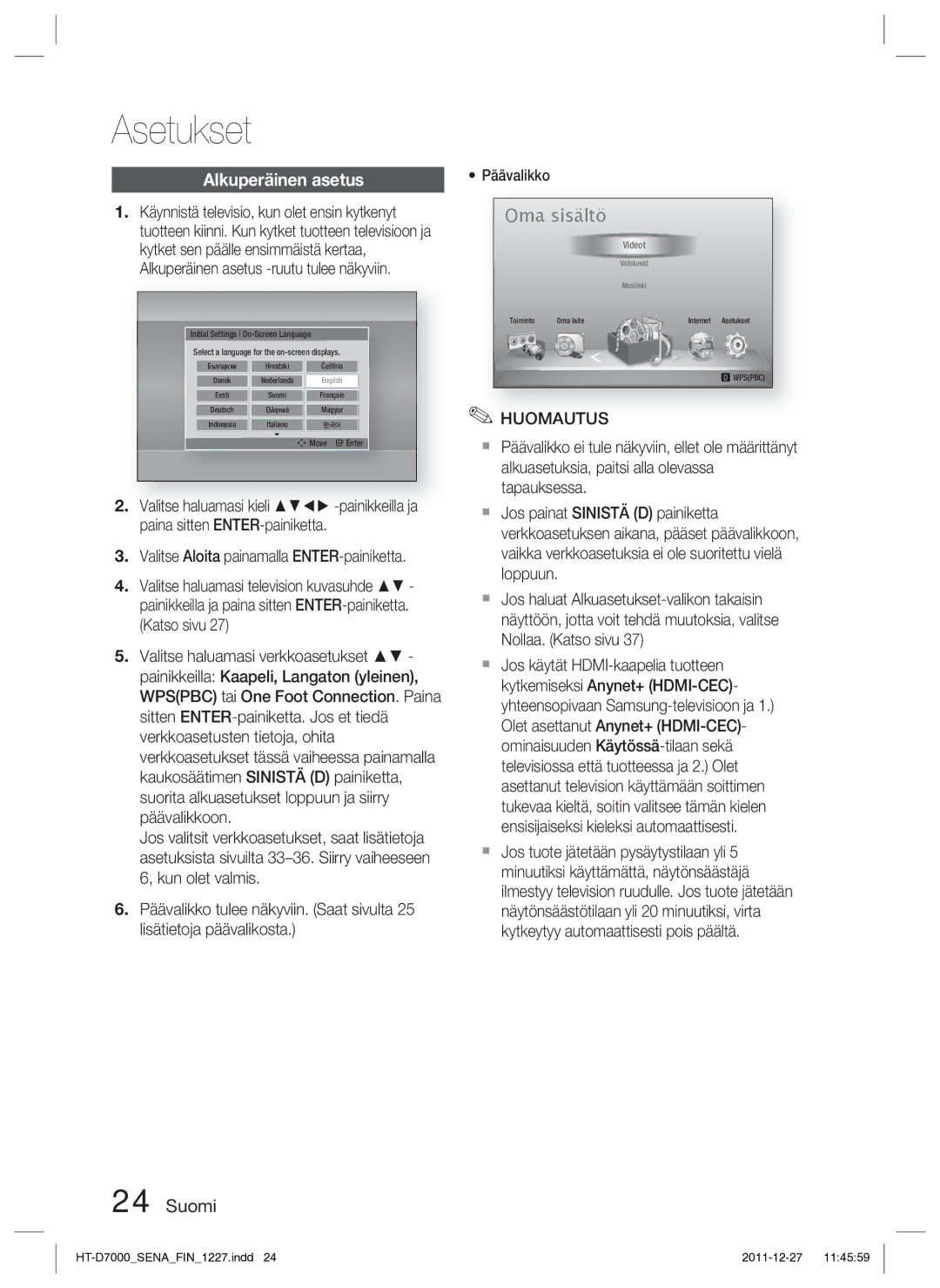 Samsung HT-D7000/XE manual Asetukset, Alkuperäinen asetus 