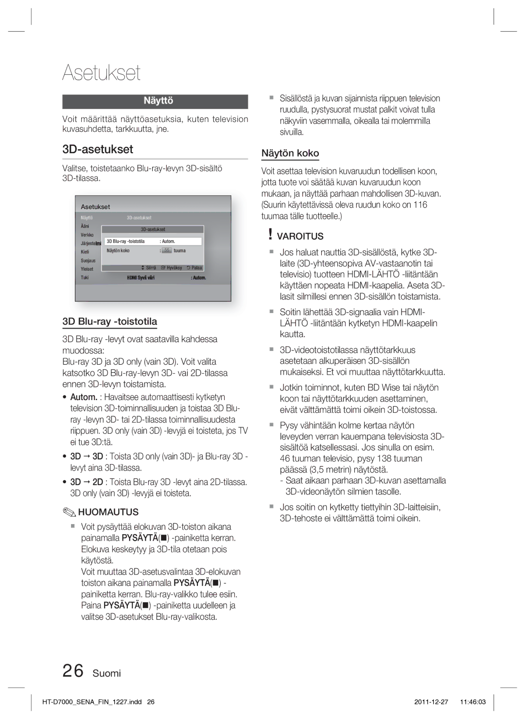 Samsung HT-D7000/XE manual 3D-asetukset, Näyttö, 3D Blu-ray -toistotila, Näytön koko 