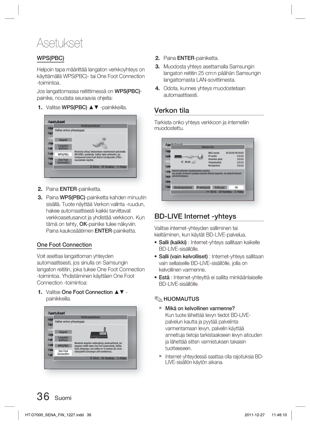 Samsung HT-D7000/XE manual Verkon tila, BD-LIVE Internet -yhteys, One Foot Connection 