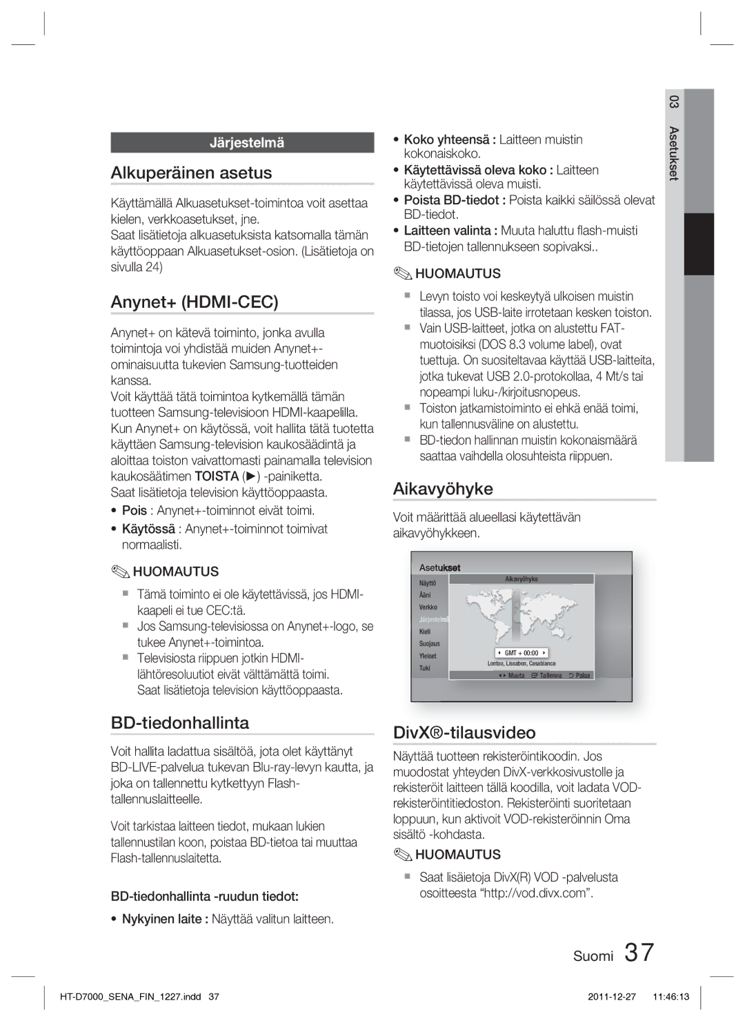 Samsung HT-D7000/XE manual Alkuperäinen asetus, Anynet+ HDMI-CEC, BD-tiedonhallinta, Aikavyöhyke, DivX-tilausvideo 