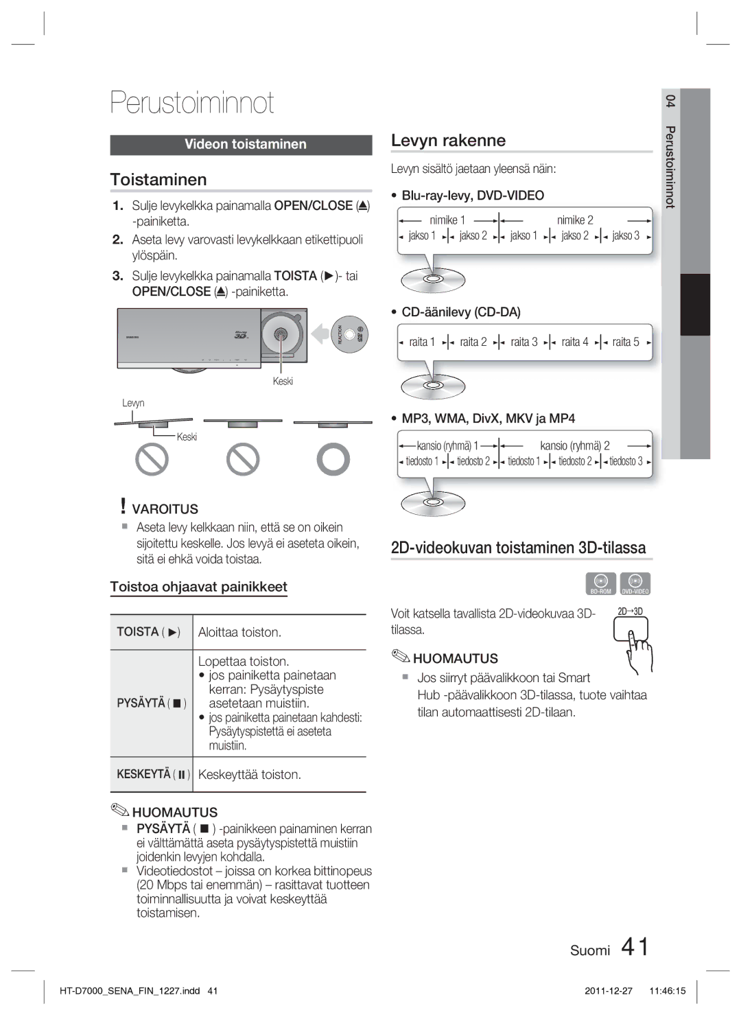 Samsung HT-D7000/XE Perustoiminnot, Toistaminen, Levyn rakenne, 2D-videokuvan toistaminen 3D-tilassa, Videon toistaminen 