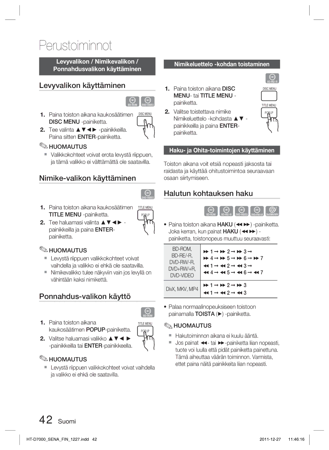 Samsung HT-D7000/XE Levyvalikon käyttäminen, Nimike-valikon käyttäminen, Halutun kohtauksen haku, Ponnahdus-valikon käyttö 