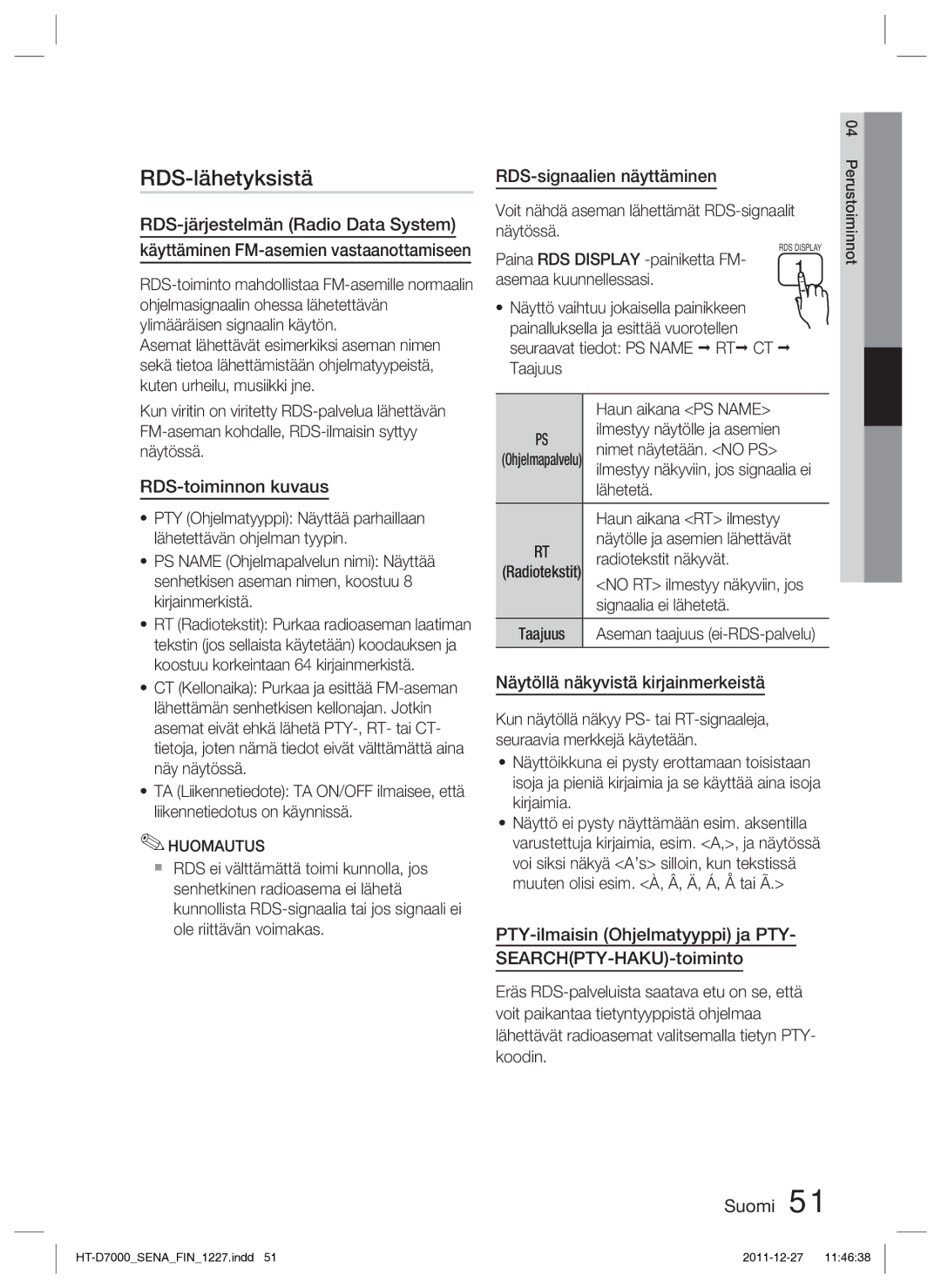 Samsung HT-D7000/XE manual RDS-lähetyksistä 