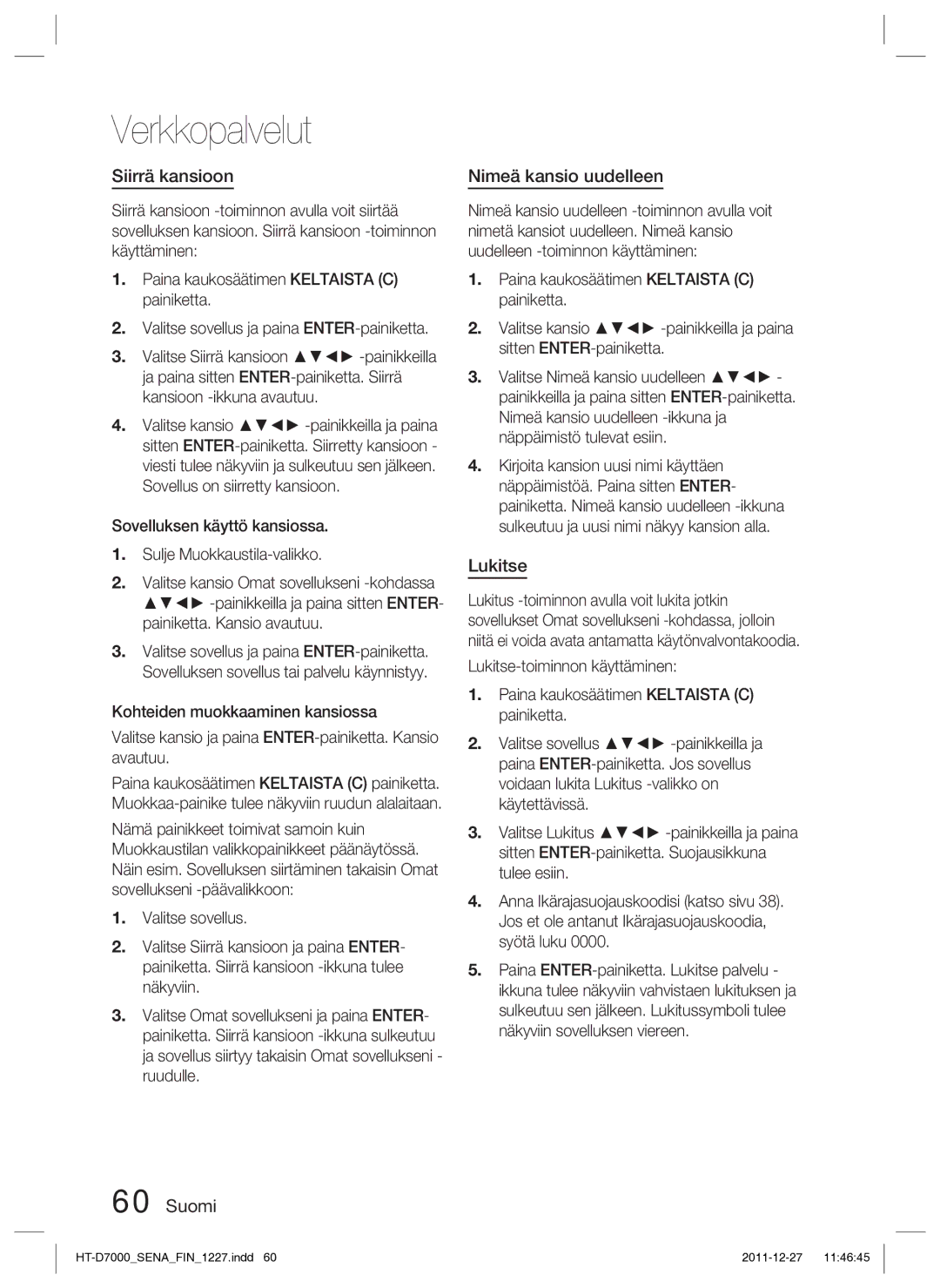 Samsung HT-D7000/XE manual Siirrä kansioon, Nimeä kansio uudelleen, Lukitse 