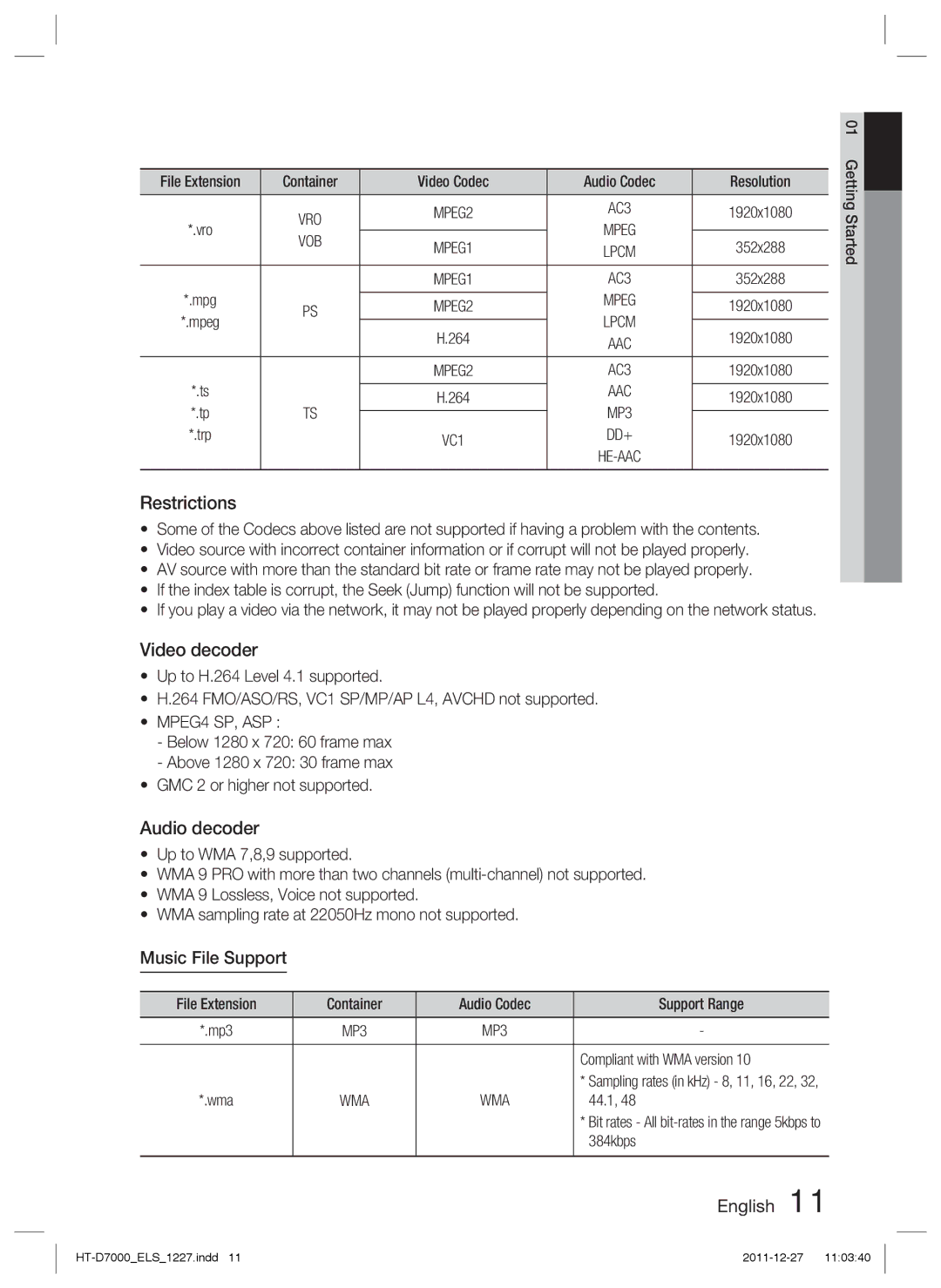 Samsung HT-D7000/XE, HT-D7000/XN, HT-D7000/EN, HT-D7000/ZF manual Music File Support, Vob, MPEG4 SP, ASP 