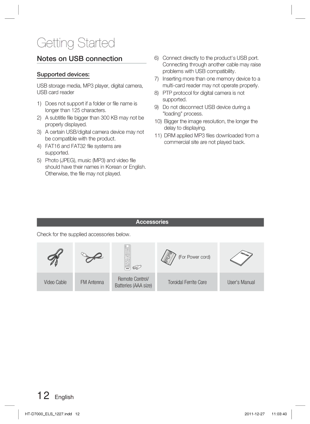 Samsung HT-D7000/XN manual Supported devices, Accessories, Check for the supplied accessories below, Video Cable FM Antenna 