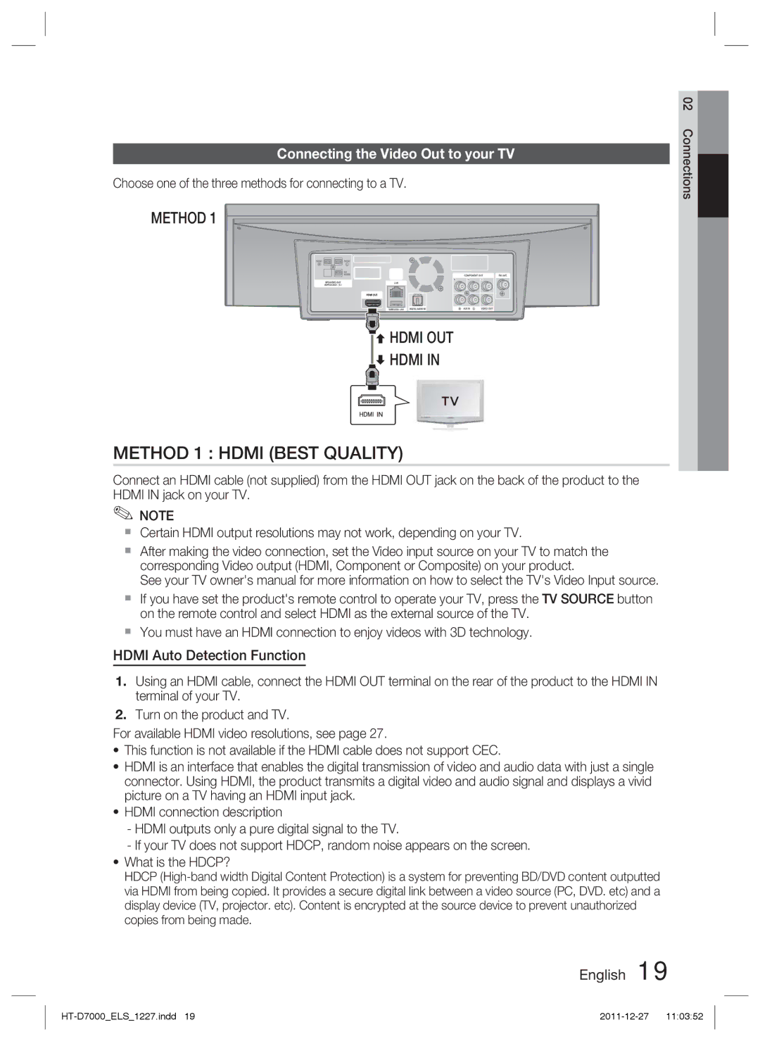 Samsung HT-D7000/XE, HT-D7000/XN, HT-D7000/EN, HT-D7000/ZF Connecting the Video Out to your TV, Hdmi Auto Detection Function 