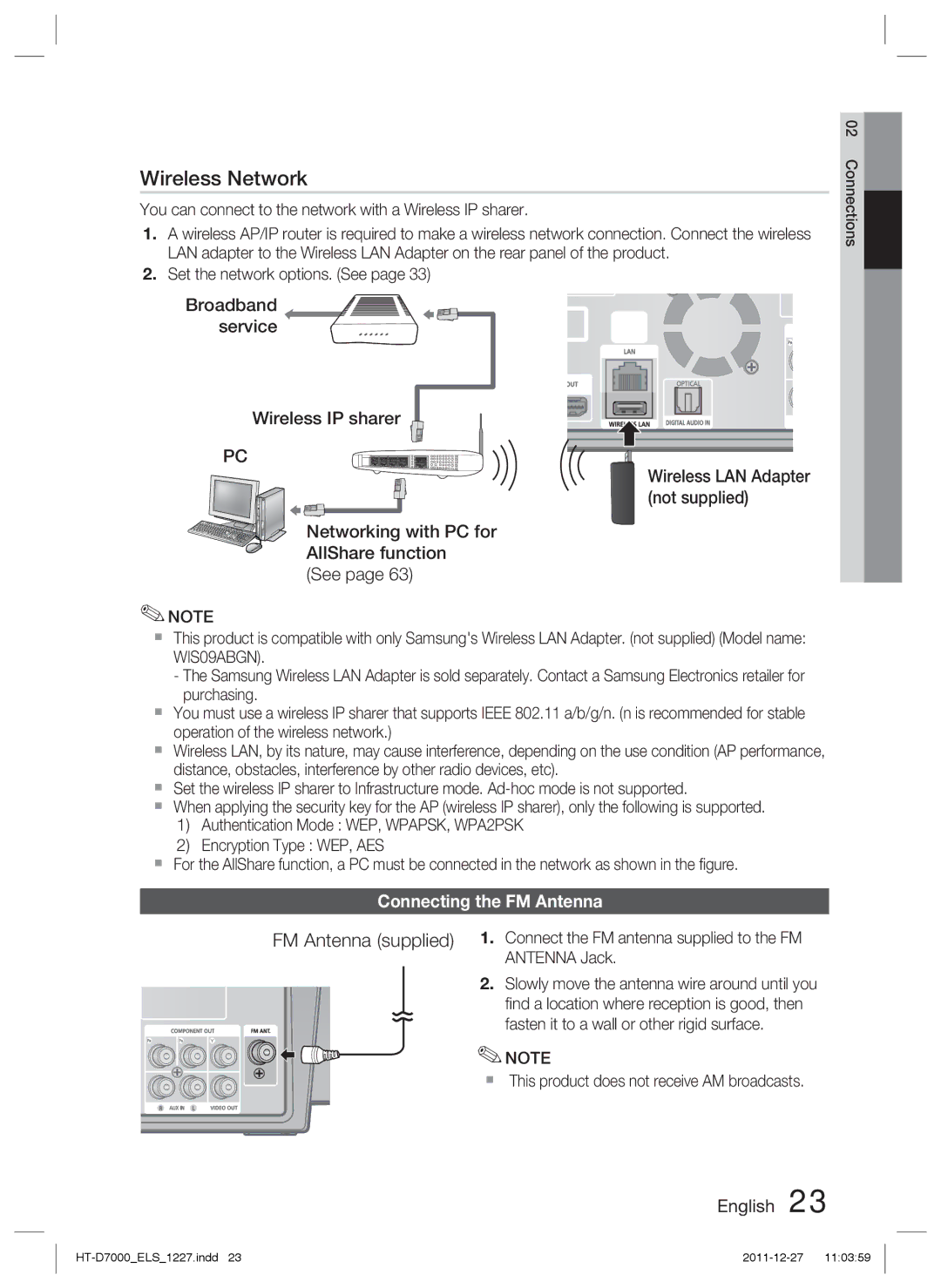 Samsung HT-D7000/XE, HT-D7000/XN manual Broadband service Wireless IP sharer, Networking with PC for AllShare function See 