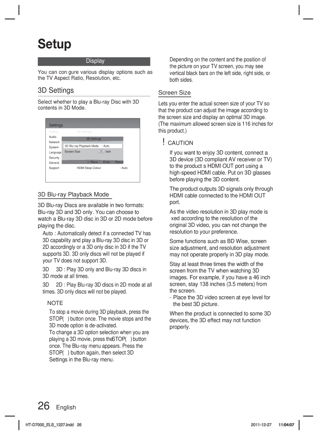 Samsung HT-D7000/ZF, HT-D7000/XN, HT-D7000/EN, HT-D7000/XE manual 3D Settings, Display, 3D Blu-ray Playback Mode, Screen Size 